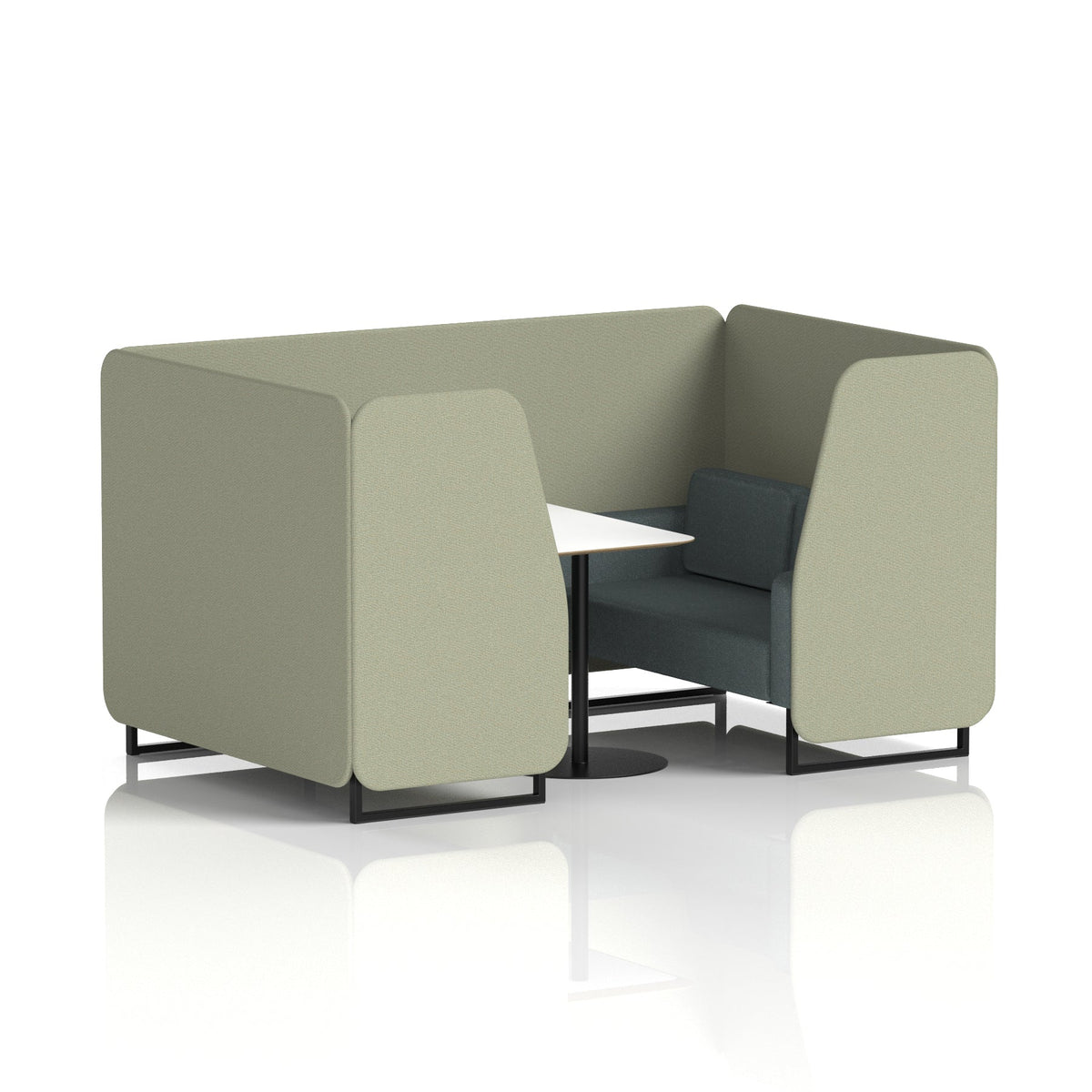 Commercial 4 Seater Privacy Booth with White Table – Two Tone – Crib 5 Main Line Flax - Newbury Panels And Westminster Sofa Black - Industrious Decor