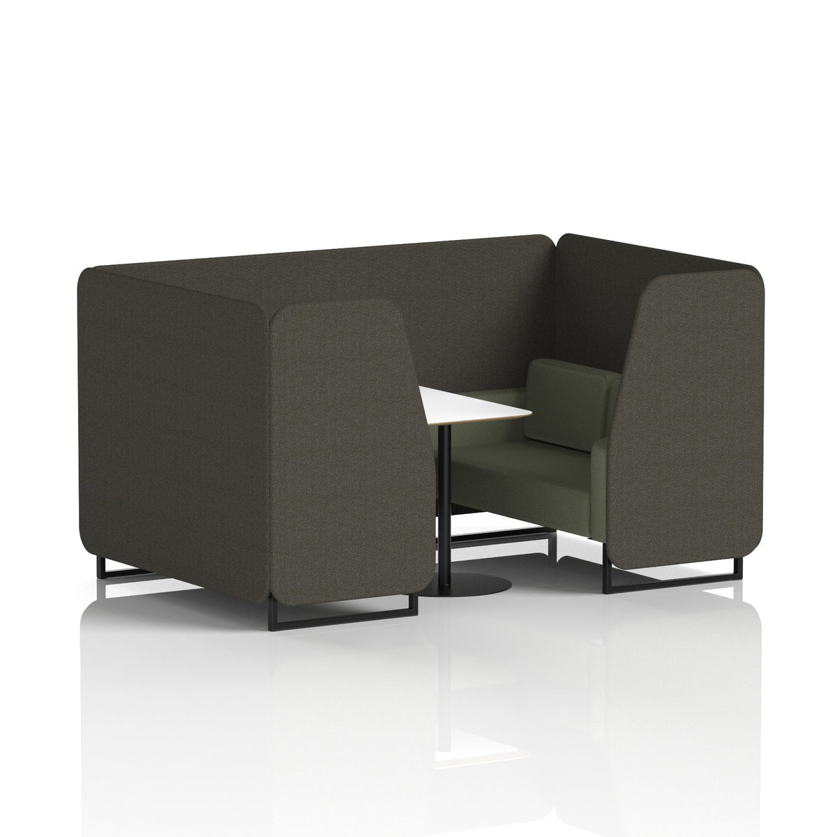 Commercial 4 Seater Privacy Booth with White Table – Two Tone – Crib 5 Main Line Flax - Temple Panels And Monument Sofa Black - Industrious Decor