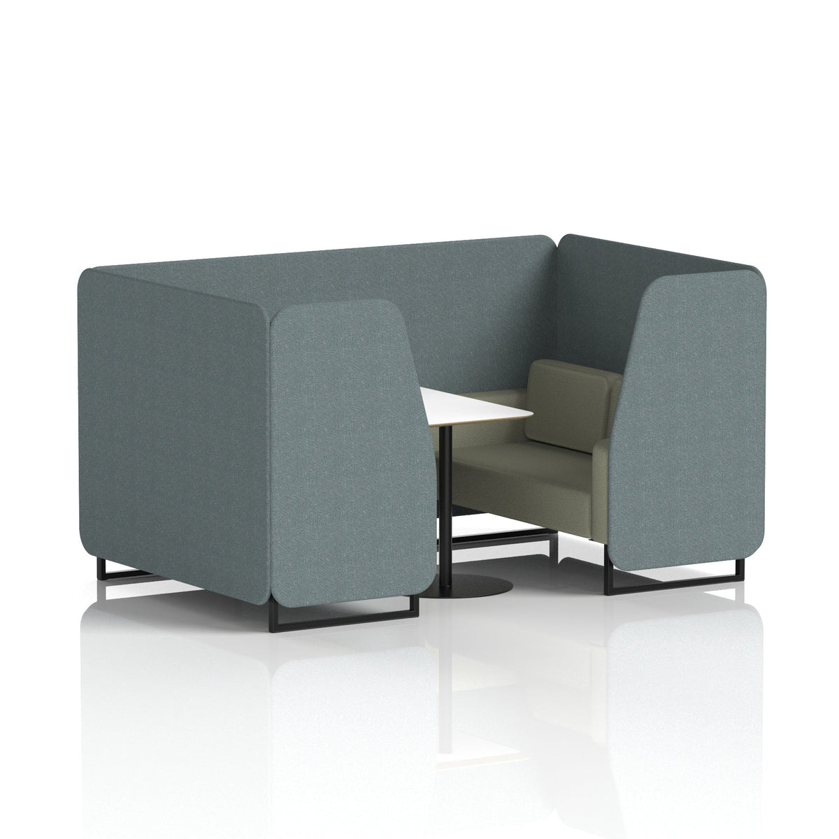 Commercial 4 Seater Privacy Booth with White Table – Two Tone – Crib 5 Main Line Flax - Westminster Panels And Newbury Sofa Black - Industrious Decor