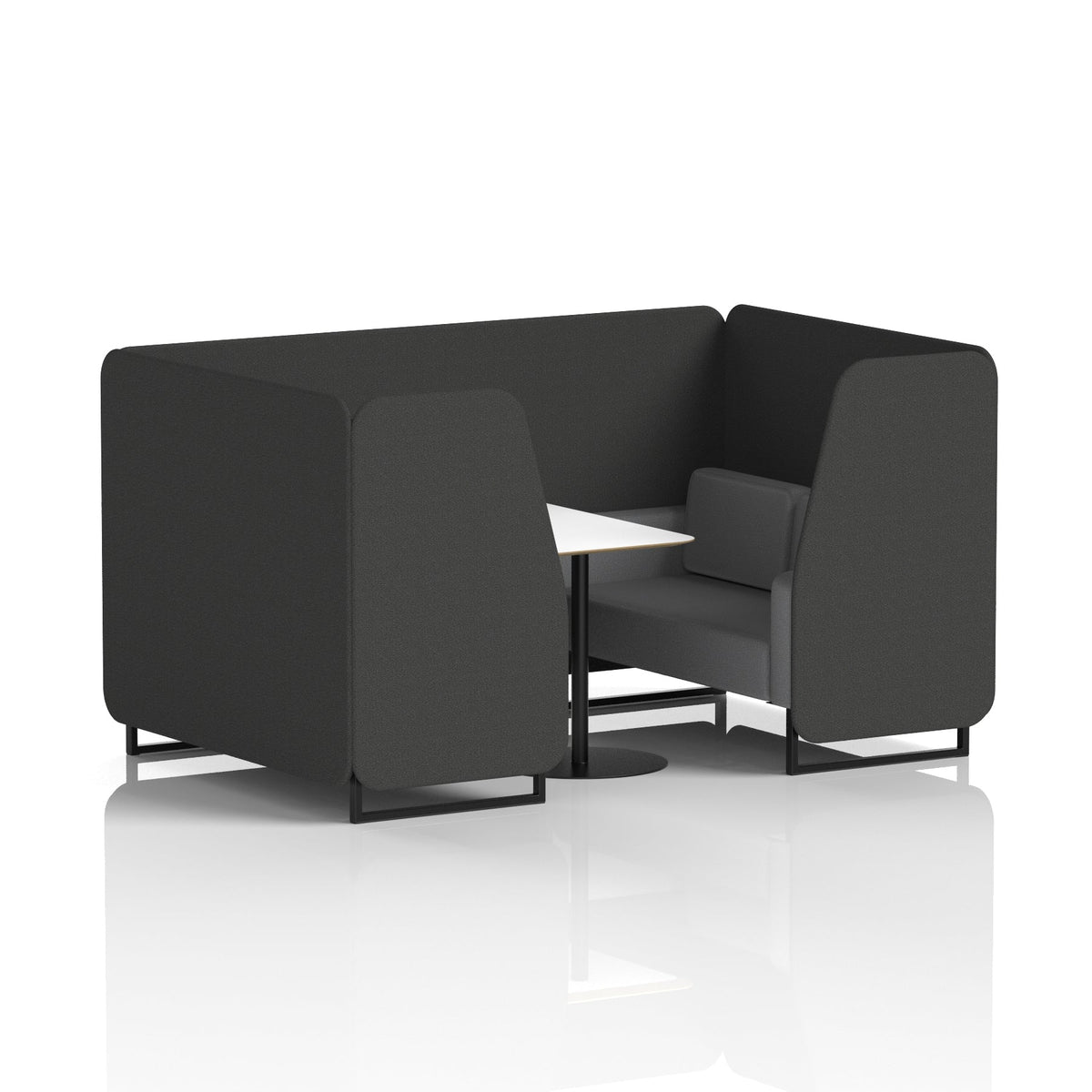 Commercial 4 Seater Privacy Booth with White Table – Two Tone – Crib 5 Synergy - Mix Panels And Partner Sofa Black - Industrious Decor