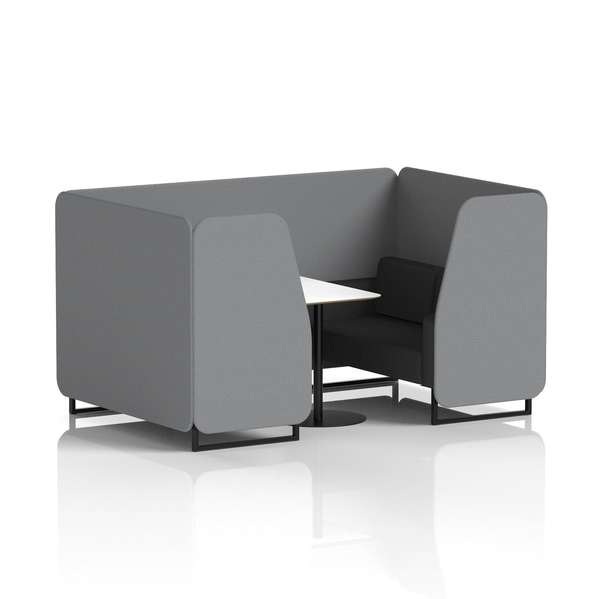 Commercial 4 Seater Privacy Booth with White Table – Two Tone – Crib 5 Synergy - Partner Panels And Mix Sofa Black - Industrious Decor