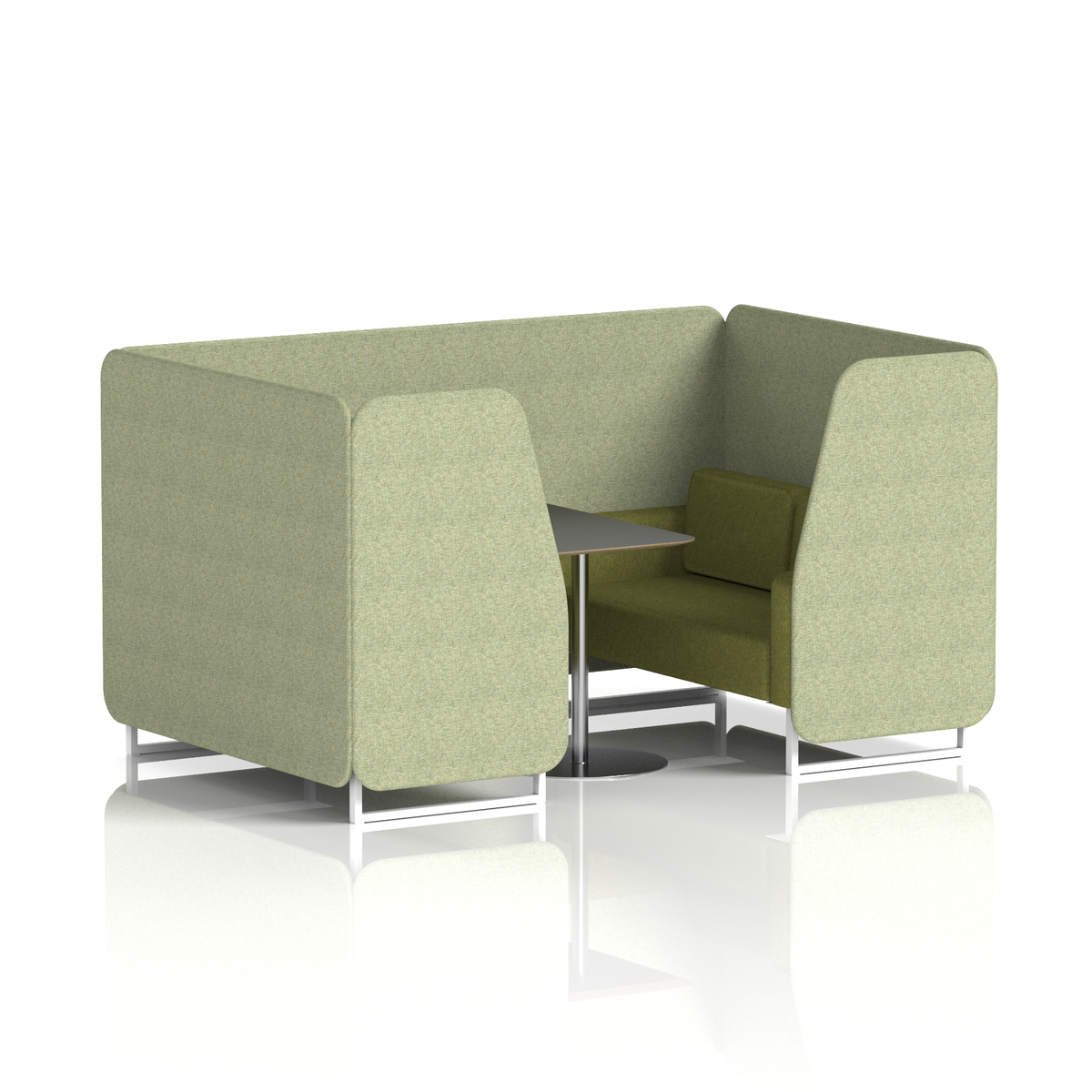Commercial 4 Seater Privacy Booth with Black Table – Two Tone – Crib 5 Rivet - Burnish Panels And Olive Sofa White - Industrious Decor