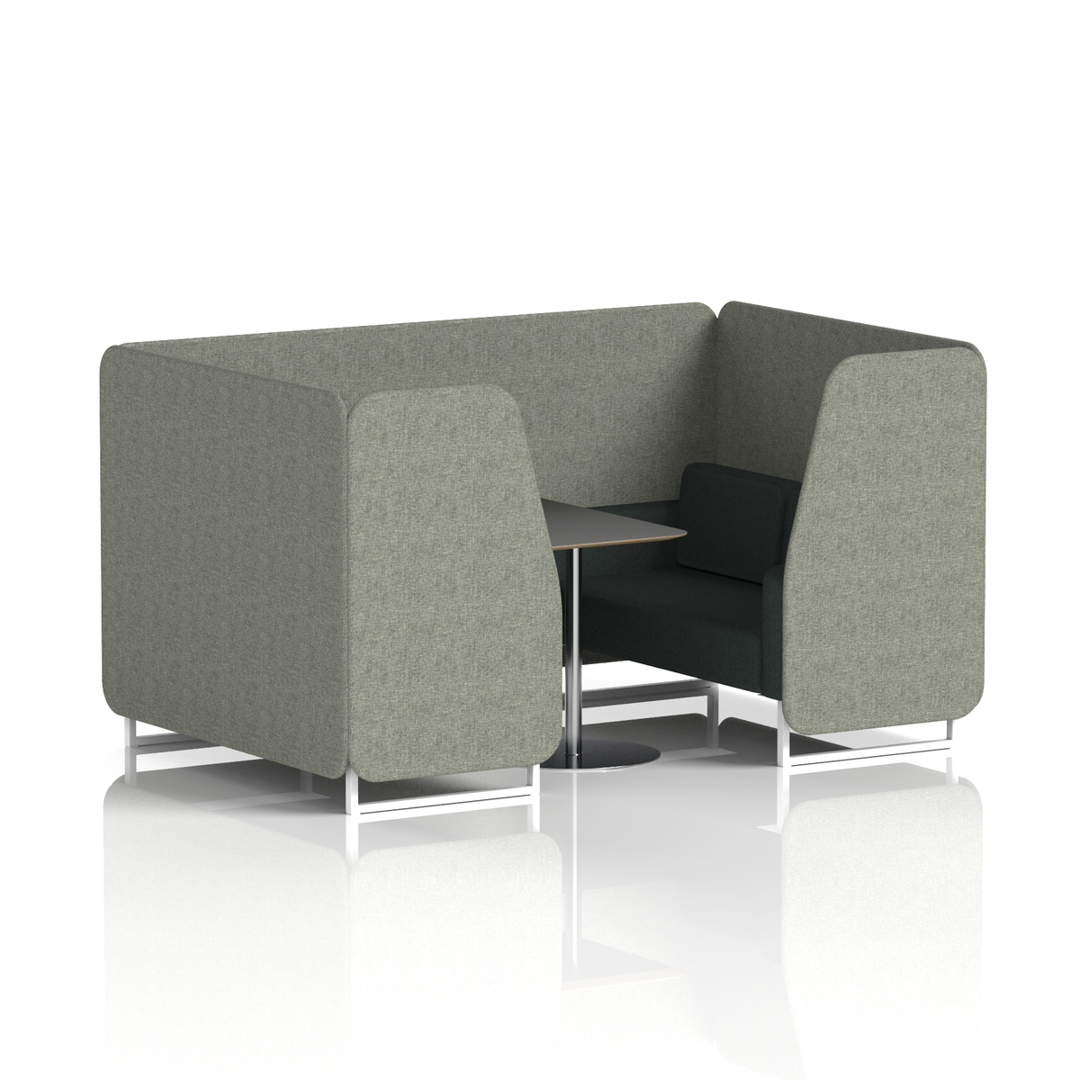 Commercial 4 Seater Privacy Booth with Black Table – Two Tone – Crib 5 Rivet - Vitreous Panels And Charcoal Sofa White - Industrious Decor