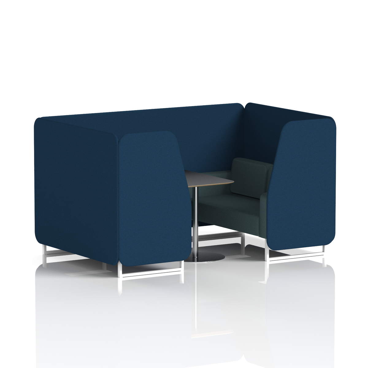 Commercial 4 Seater Privacy Booth with Black Table – Two Tone – Crib 5 X2 - Calculus Panels And Polygon Sofa White - Industrious Decor