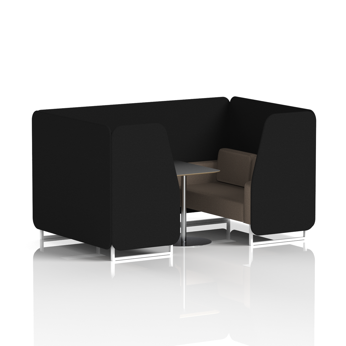 Commercial 4 Seater Privacy Booth with Black Table – Two Tone – Crib 5 X2 - Diameter Panels And Theory Sofa White - Industrious Decor