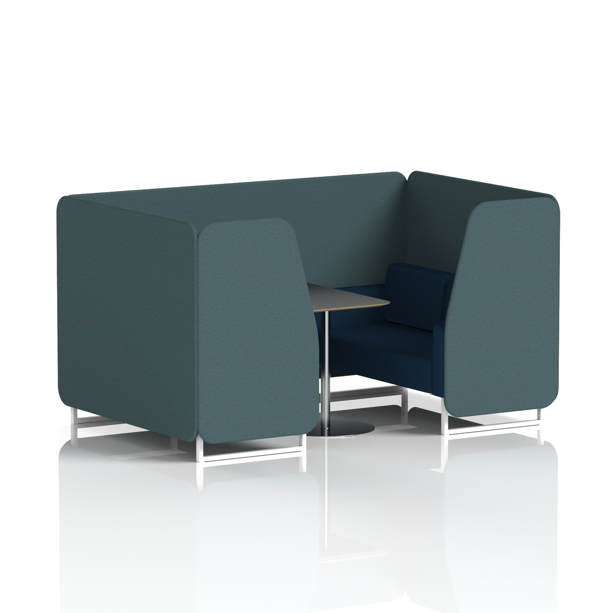 Commercial 4 Seater Privacy Booth with Black Table – Two Tone – Crib 5 X2 - Polygon Panels And Calculus Sofa White - Industrious Decor