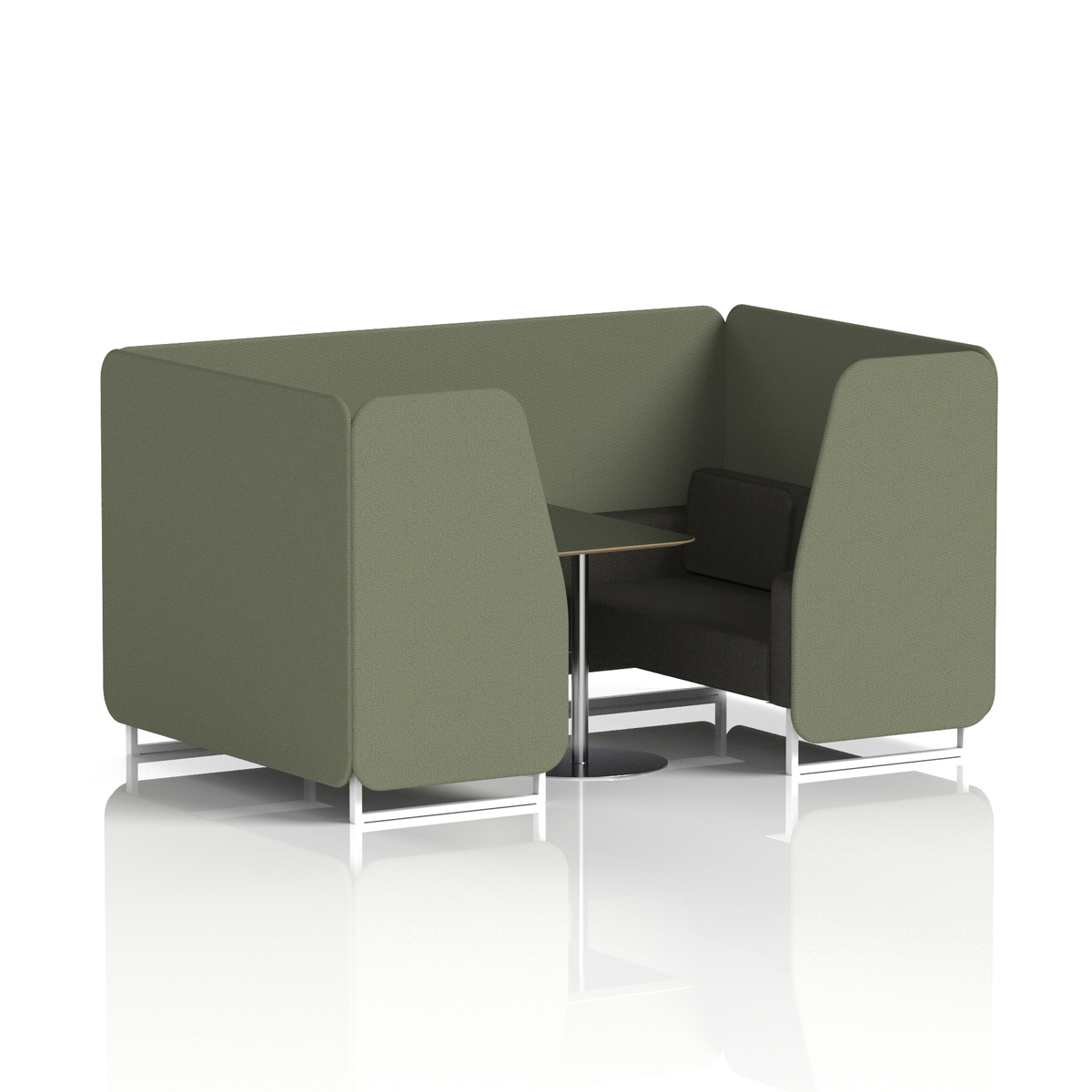 Commercial 4 Seater Privacy Booth with Black Table – Two Tone – Crib 5 Main Line Flax - Monument Panels And Temple Sofa White - Industrious Decor