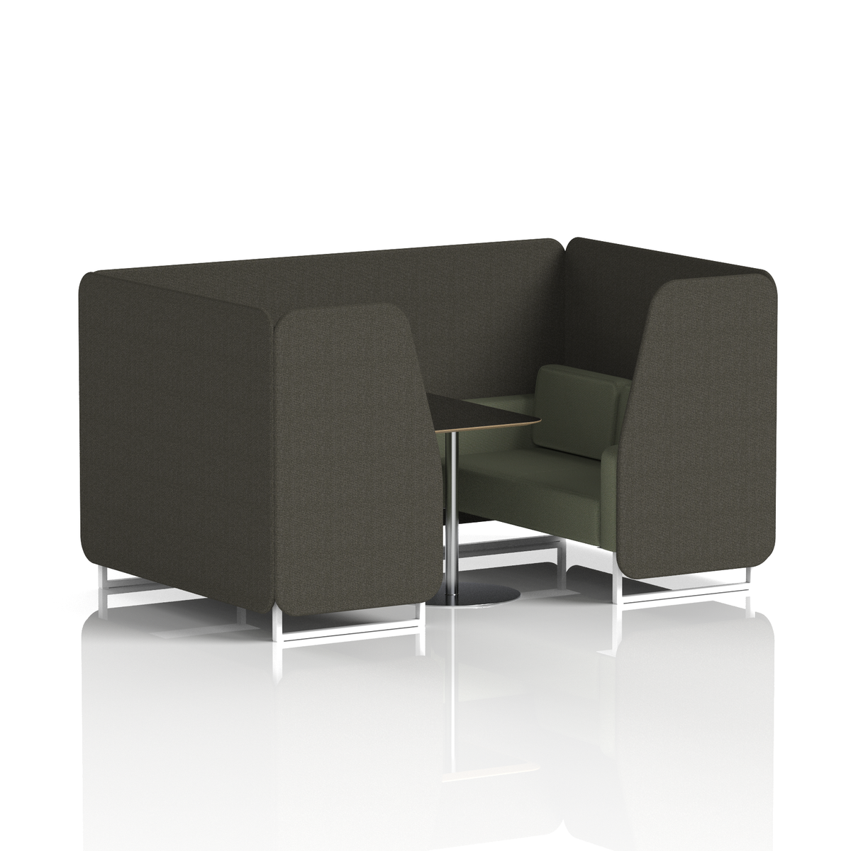 Commercial 4 Seater Privacy Booth with Black Table – Two Tone – Crib 5 Main Line Flax - Temple Panels And Monument Sofa White - Industrious Decor