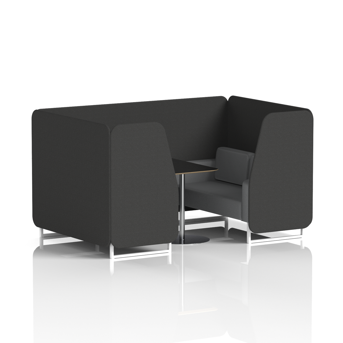 Commercial 4 Seater Privacy Booth with Black Table – Two Tone – Crib 5 Synergy - Mix Panels And Partner Sofa White - Industrious Decor
