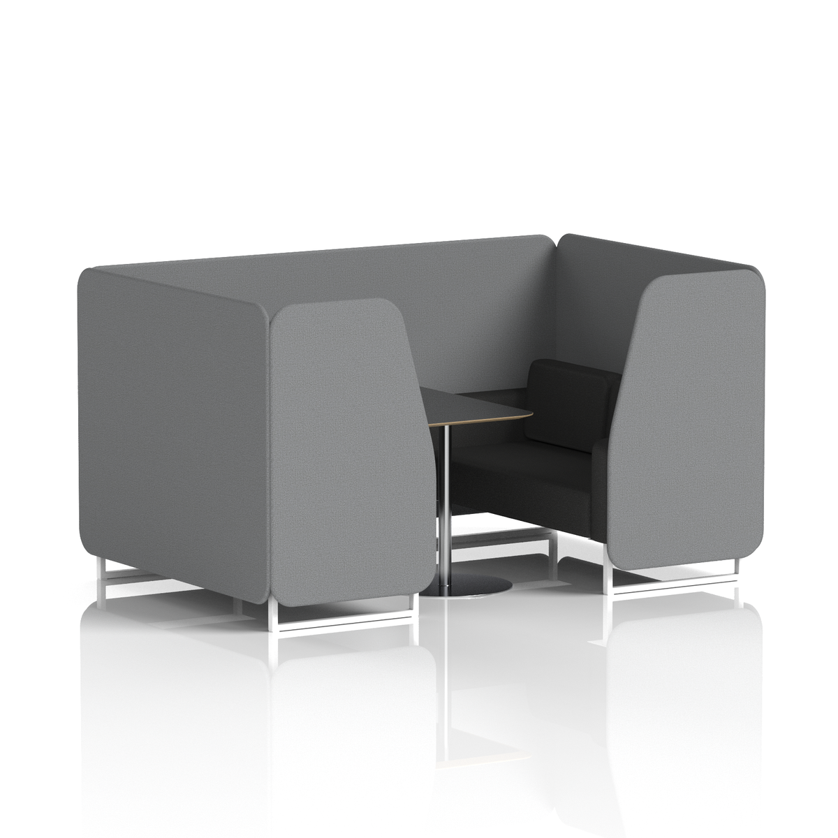 Commercial 4 Seater Privacy Booth with Black Table – Two Tone – Crib 5 Synergy - Partner Panels And Mix Sofa White - Industrious Decor