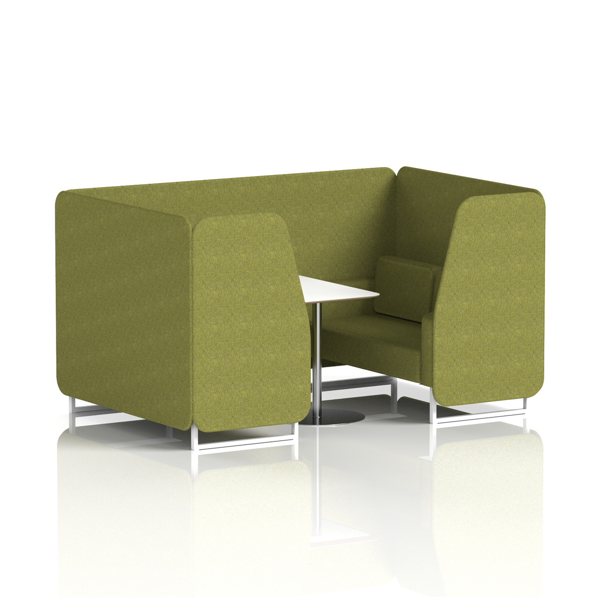 Commercial 4 Seater Privacy Booth with White Table – Single Tone – Crib 5 Rivet - Olive Panels And Sofa White - Industrious Decor