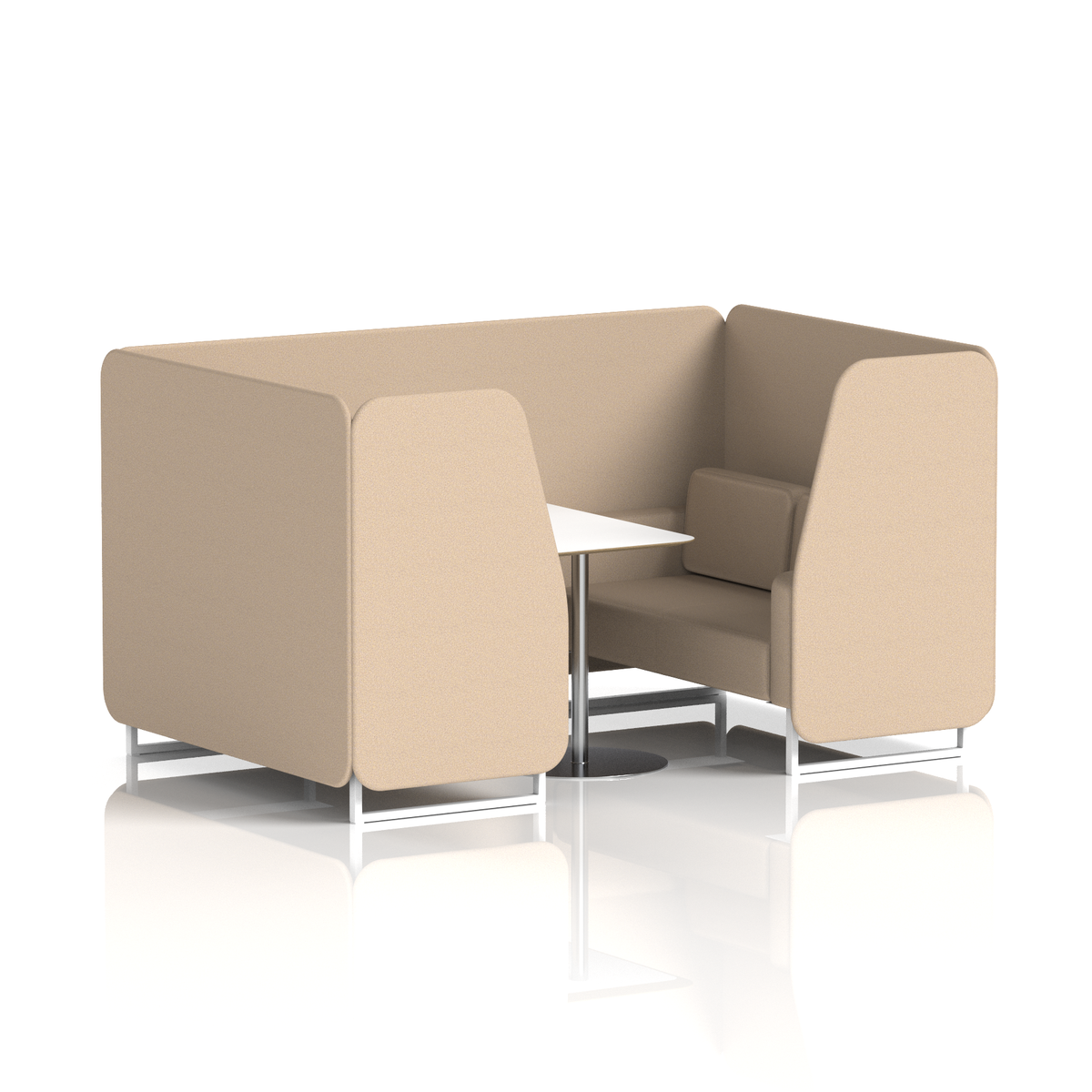 Commercial 4 Seater Privacy Booth with White Table – Single Tone – Crib 5 Synergy - Affix Panels And Sofa White - Industrious Decor