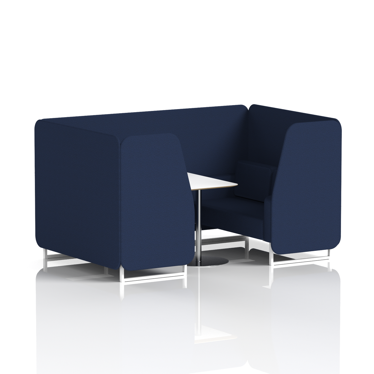 Commercial 4 Seater Privacy Booth with White Table – Single Tone – Crib 5 Synergy - Alike Panels And Sofa White - Industrious Decor