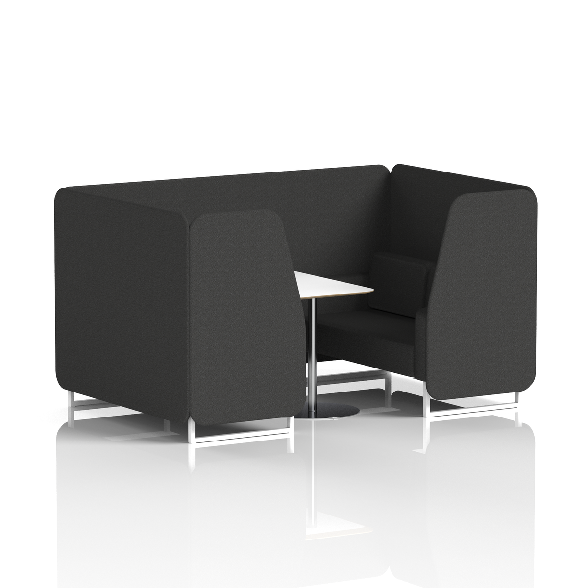 Commercial 4 Seater Privacy Booth with White Table – Single Tone – Crib 5 Synergy - Mix Panels And Sofa White - Industrious Decor