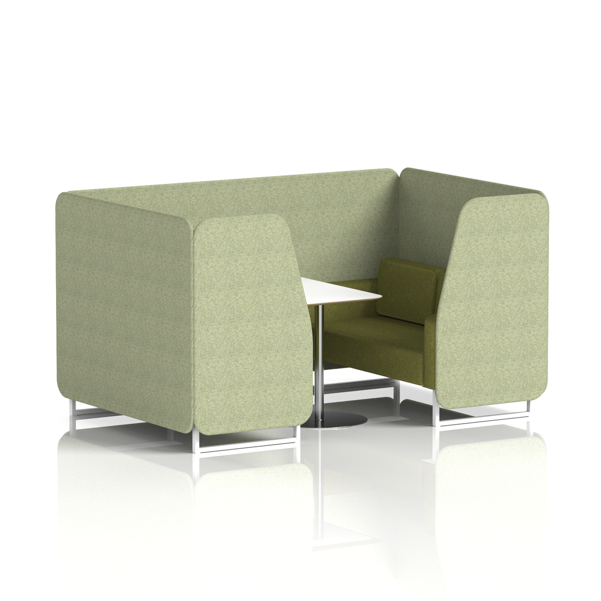 Commercial 4 Seater Privacy Booth with White Table – Two Tone – Crib 5 Rivet - Burnish Panels And Olive Sofa White - Industrious Decor