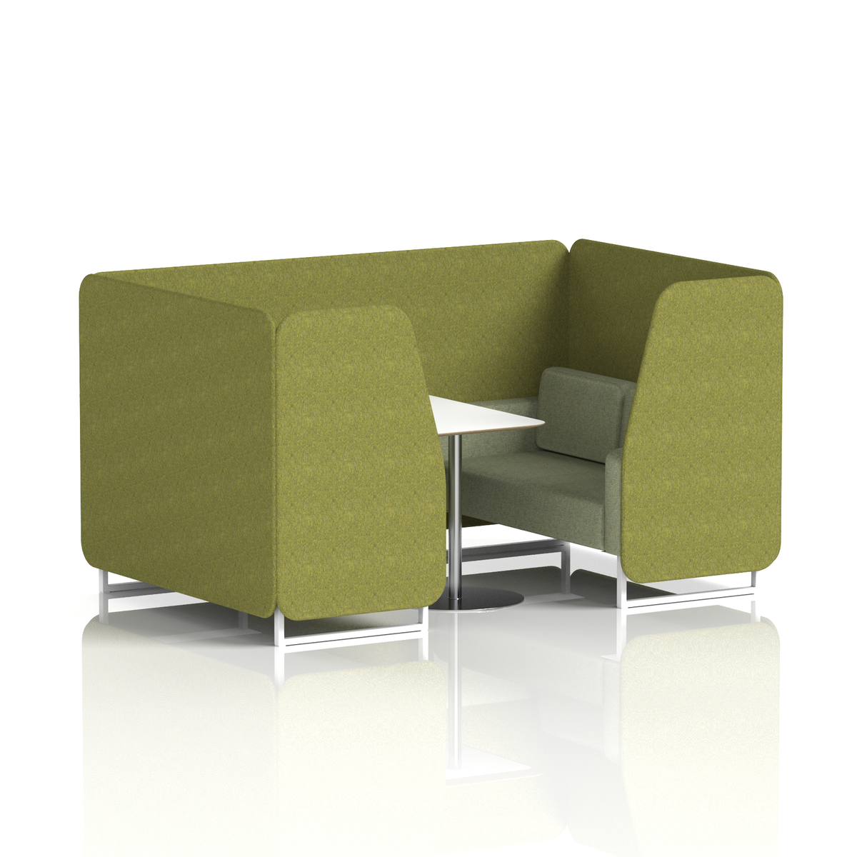 Commercial 4 Seater Privacy Booth with White Table – Two Tone – Crib 5 Rivet - Olive Panels And Burnish Sofa White - Industrious Decor
