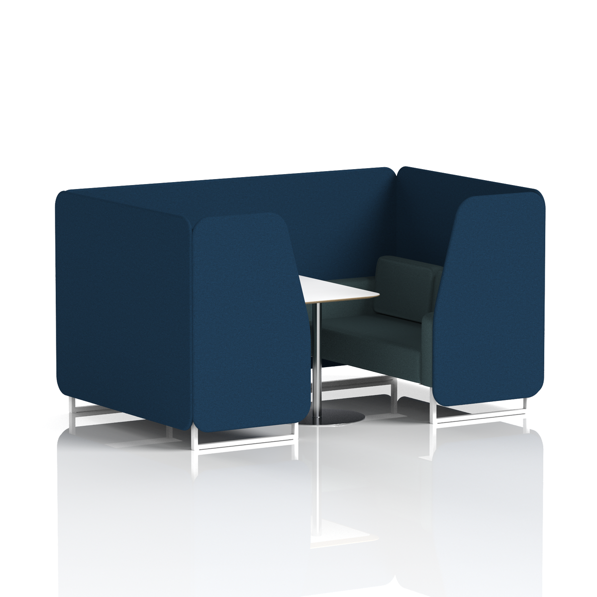 Commercial 4 Seater Privacy Booth with White Table – Two Tone – Crib 5 X2 - Calculus Panels And Polygon Sofa White - Industrious Decor