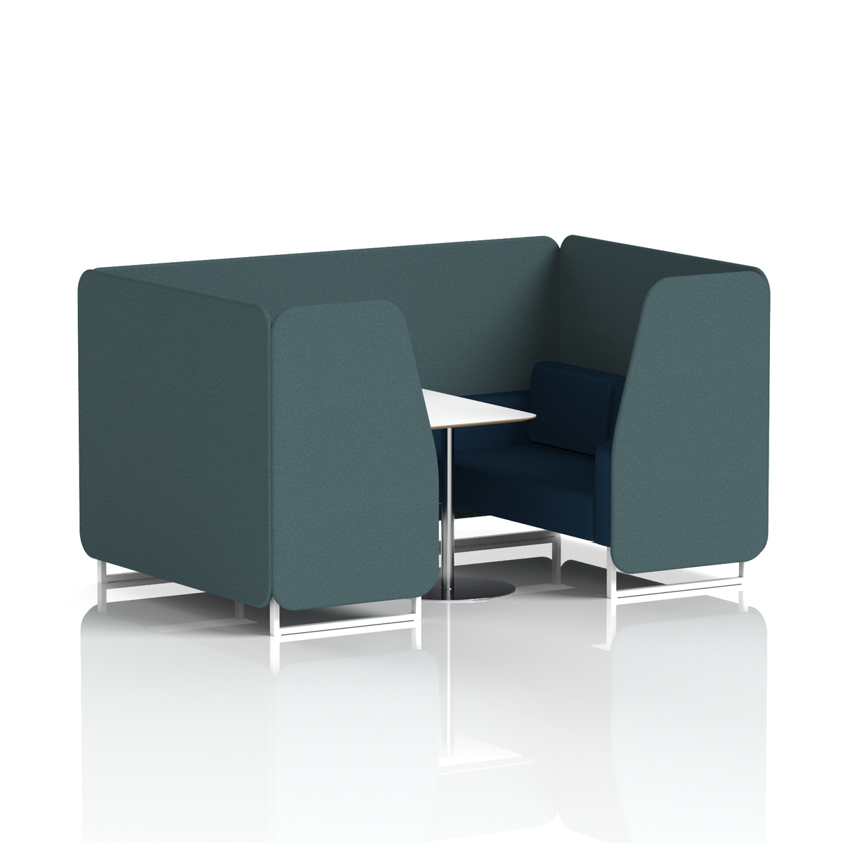 Commercial 4 Seater Privacy Booth with White Table – Two Tone – Crib 5 X2 - Polygon Panels And Calculus Sofa White - Industrious Decor
