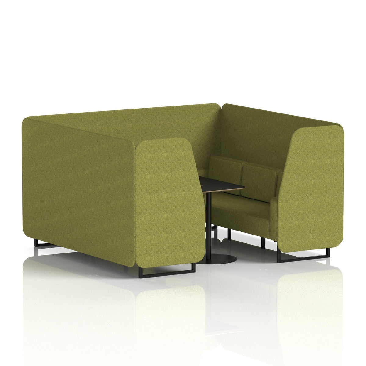 Commercial 6 Seater Privacy Booth with Black Table – Single Tone – Crib 5 Rivet - Olive Panels And Sofa Black - Industrious Decor