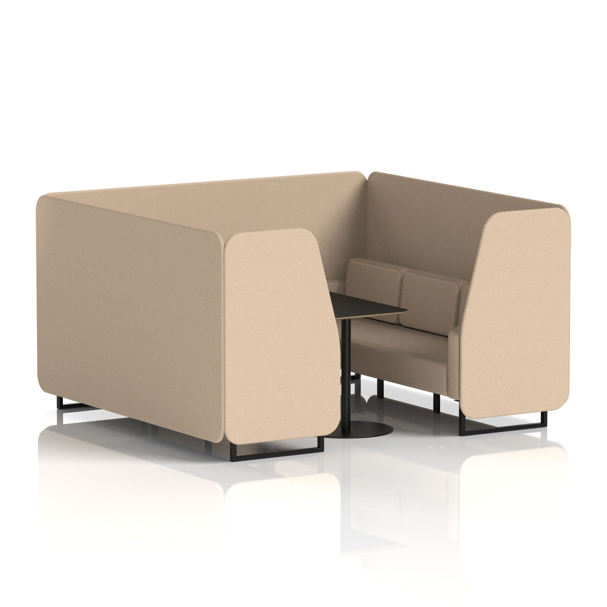 Commercial 6 Seater Privacy Booth with Black Table – Single Tone – Crib 5 Synergy - Affix Panels And Sofa Black - Industrious Decor
