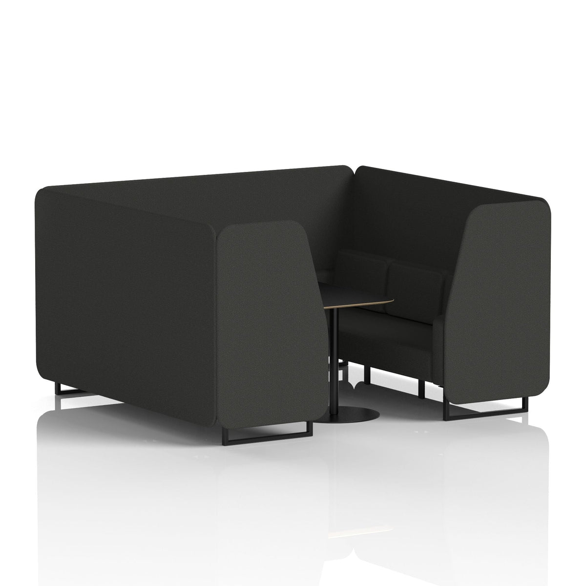 Commercial 6 Seater Privacy Booth with Black Table – Single Tone – Crib 5 Synergy - Mix Panels And Sofa Black - Industrious Decor