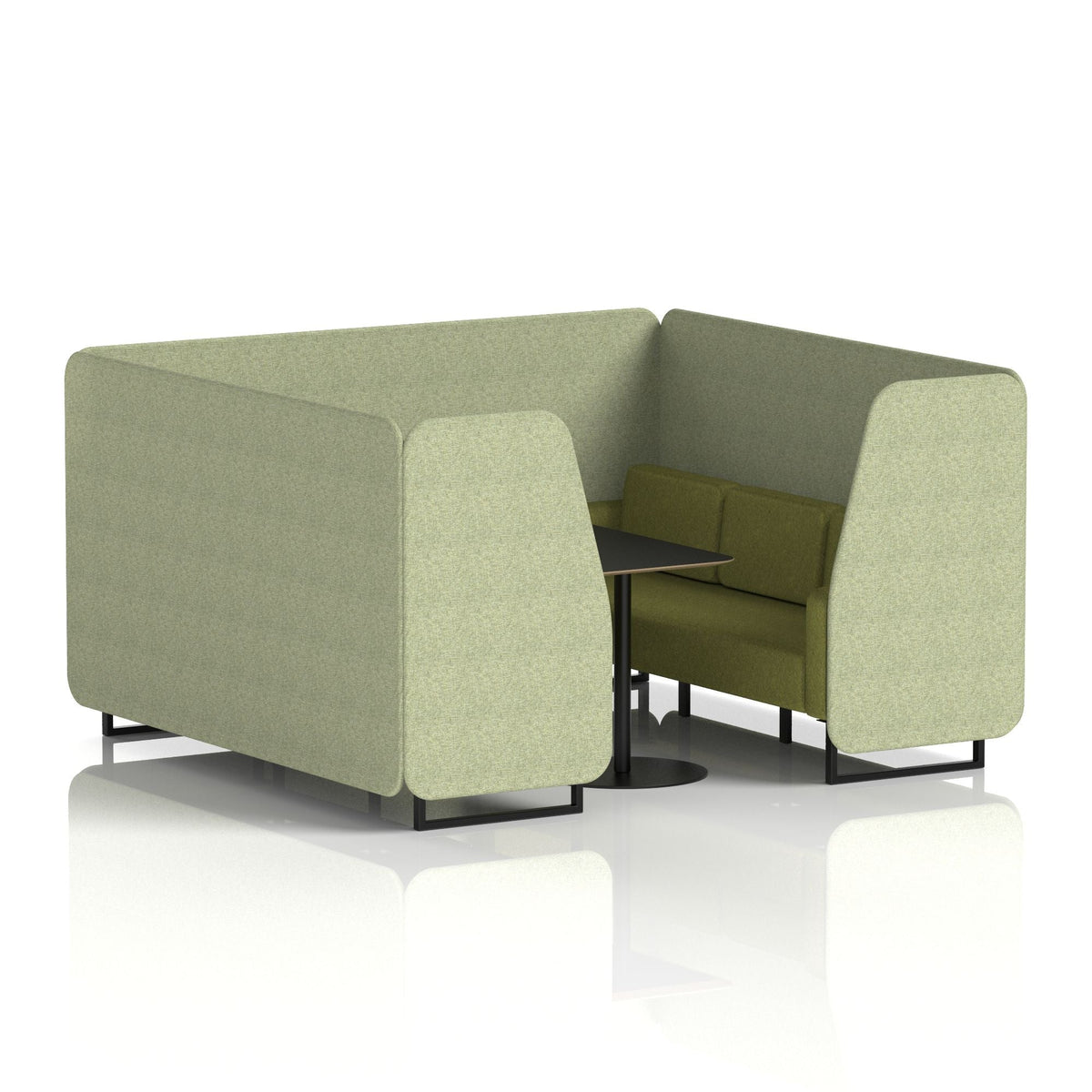 Commercial 6 Seater Privacy Booth with Black Table – Two Tone – Crib 5 Rivet - Burnish Panels And Olive Sofa Black - Industrious Decor