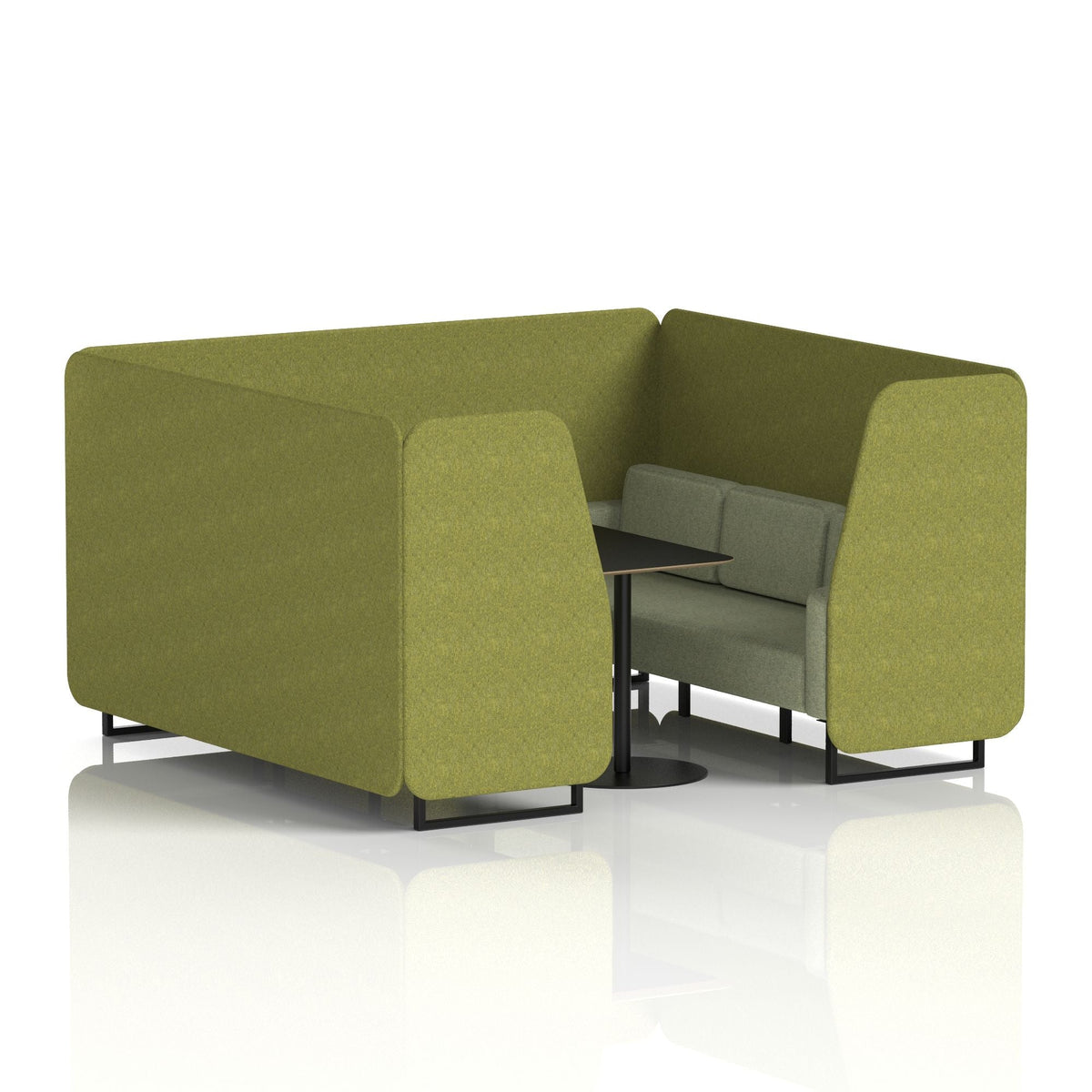 Commercial 6 Seater Privacy Booth with Black Table – Two Tone – Crib 5 Rivet - Olive Panels And Burnish Sofa Black - Industrious Decor