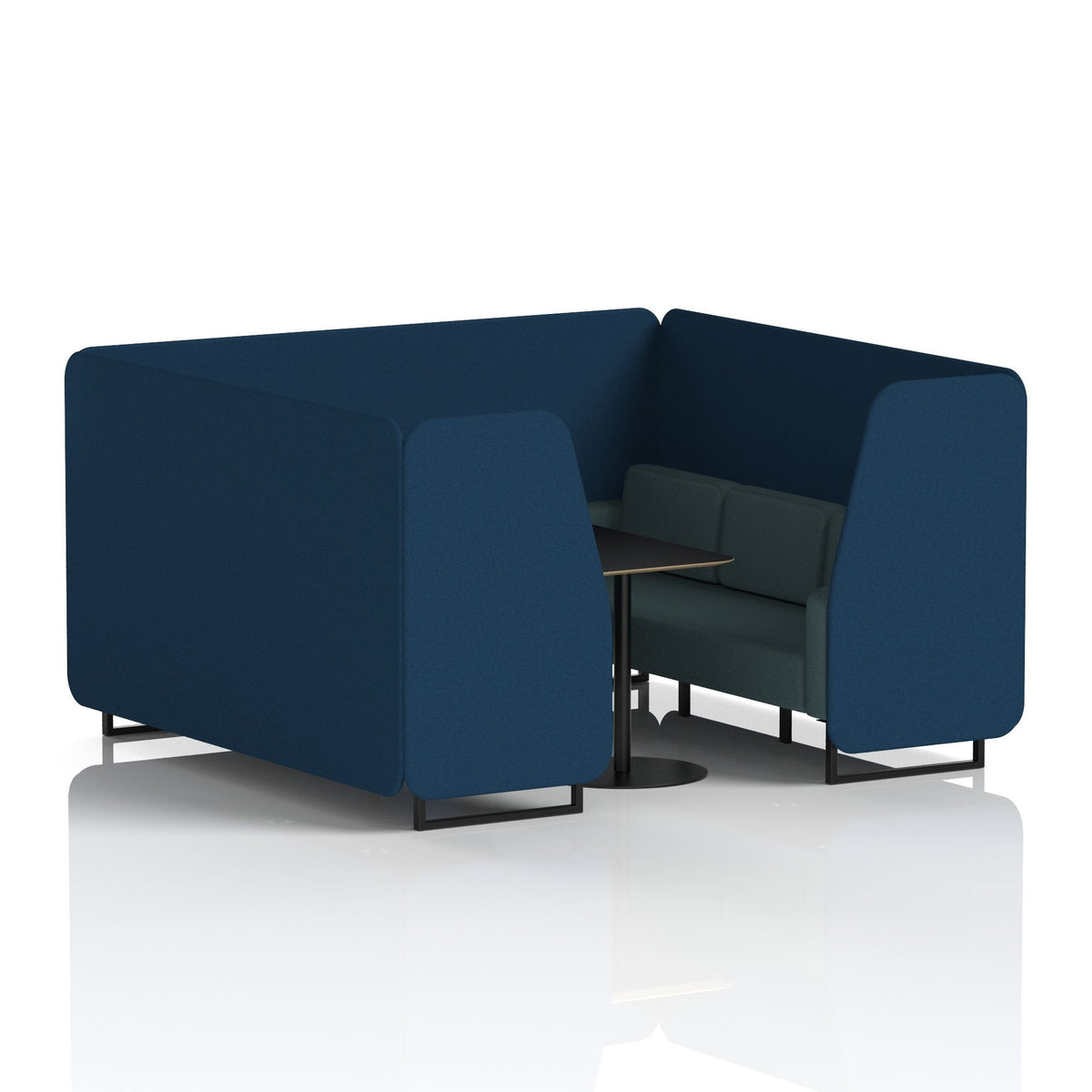 Commercial 6 Seater Privacy Booth with Black Table – Two Tone – Crib 5 X2 - Calculus Panels And Polygon Sofa Black - Industrious Decor