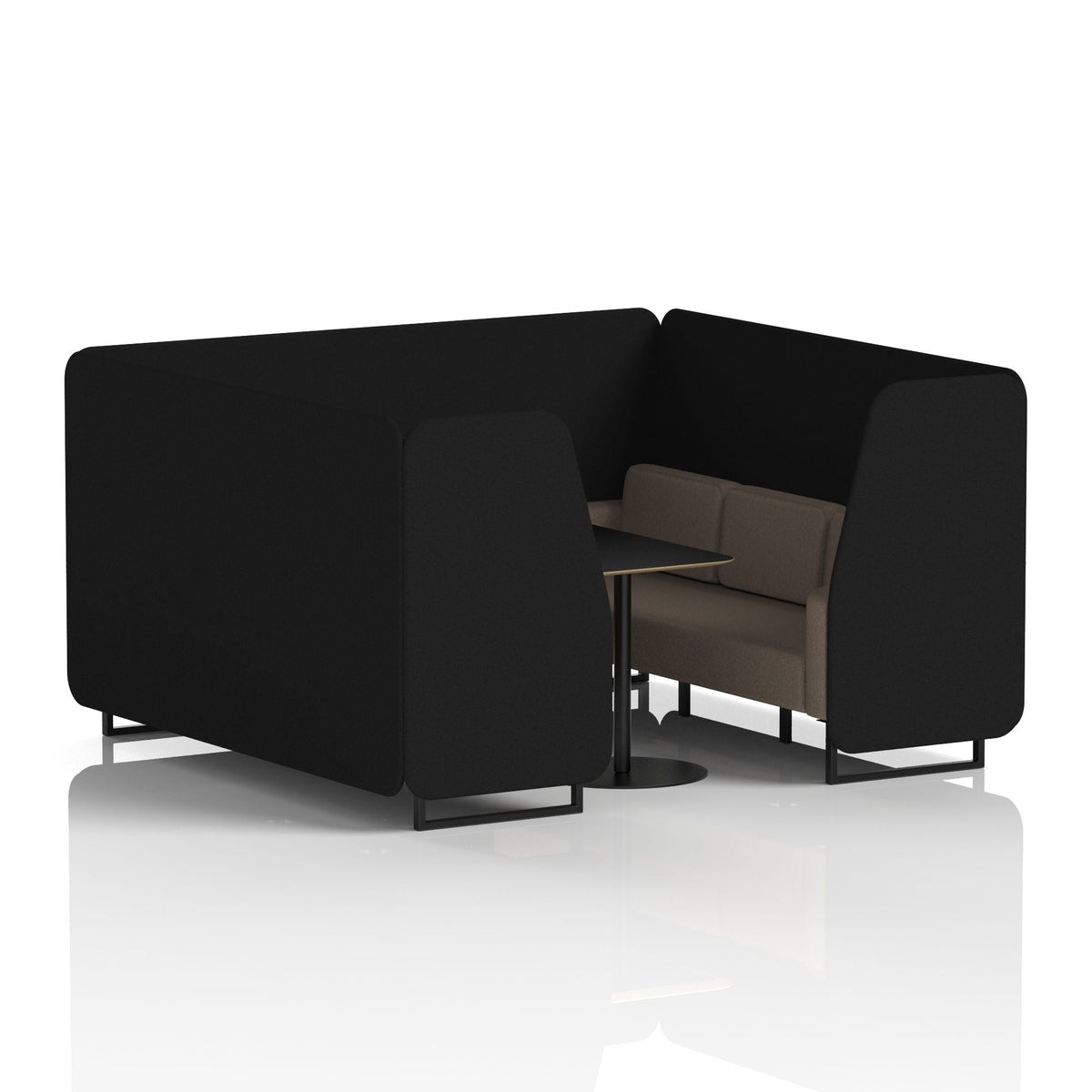 Commercial 6 Seater Privacy Booth with Black Table – Two Tone – Crib 5 X2 - Diameter Panels And Theory Sofa Black - Industrious Decor