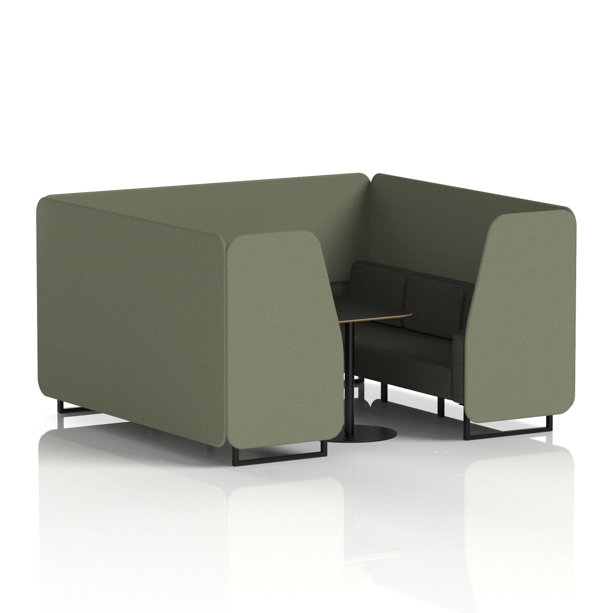 Commercial 6 Seater Privacy Booth with Black Table – Two Tone – Crib 5 Main Line Flax - Monument Panels And Temple Sofa Black - Industrious Decor