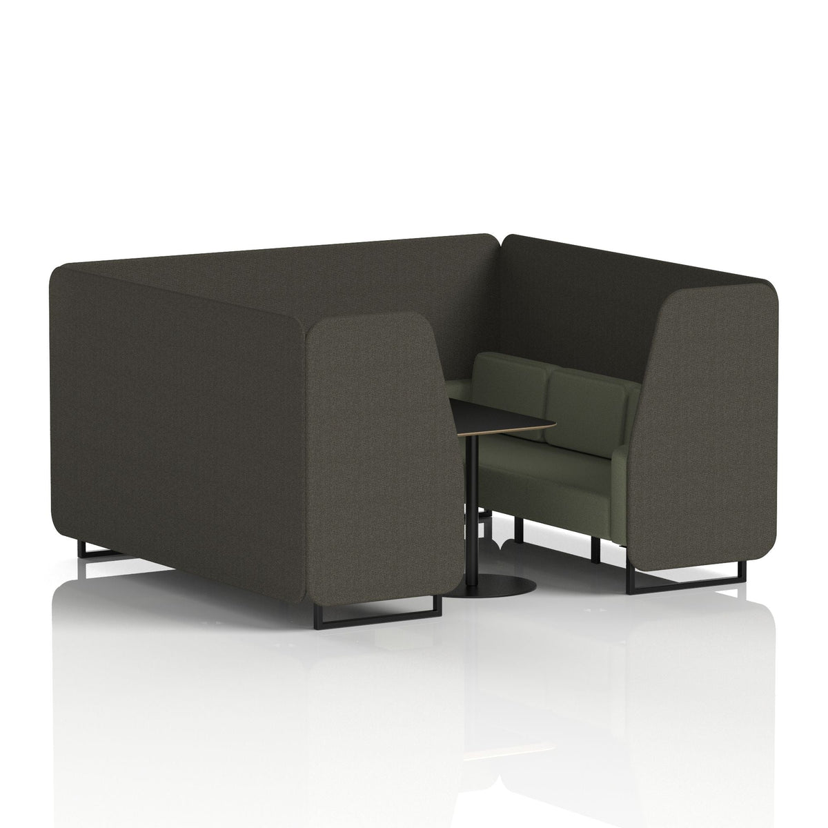 Commercial 6 Seater Privacy Booth with Black Table – Two Tone – Crib 5 Main Line Flax - Temple Panels And Monument Sofa Black - Industrious Decor