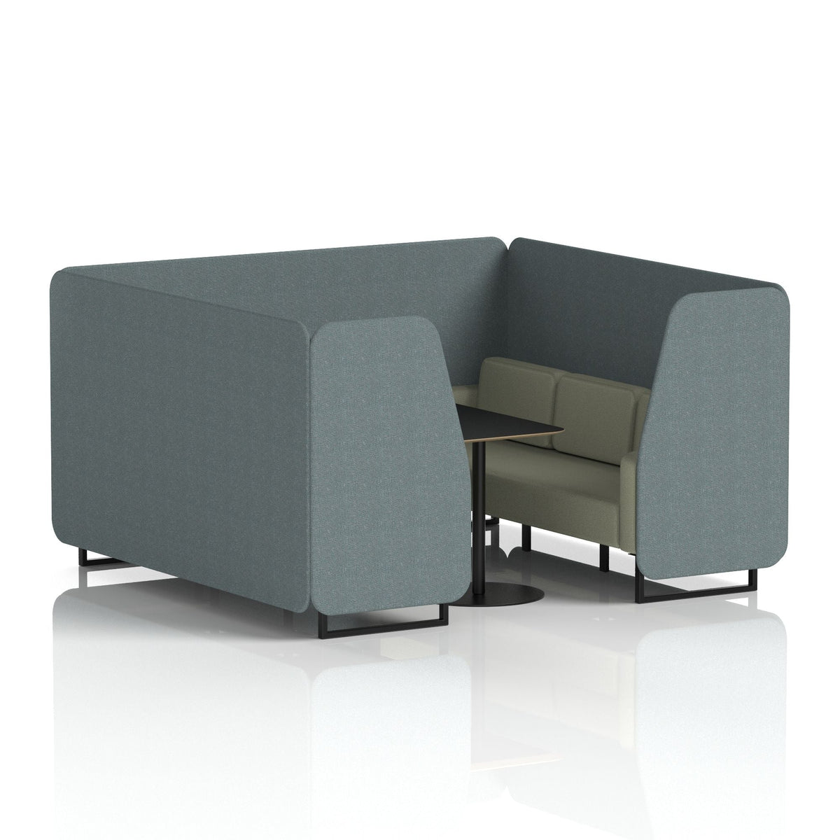 Commercial 6 Seater Privacy Booth with Black Table – Two Tone – Crib 5 Main Line Flax - Westminster Panels And Newbury Sofa Black - Industrious Decor