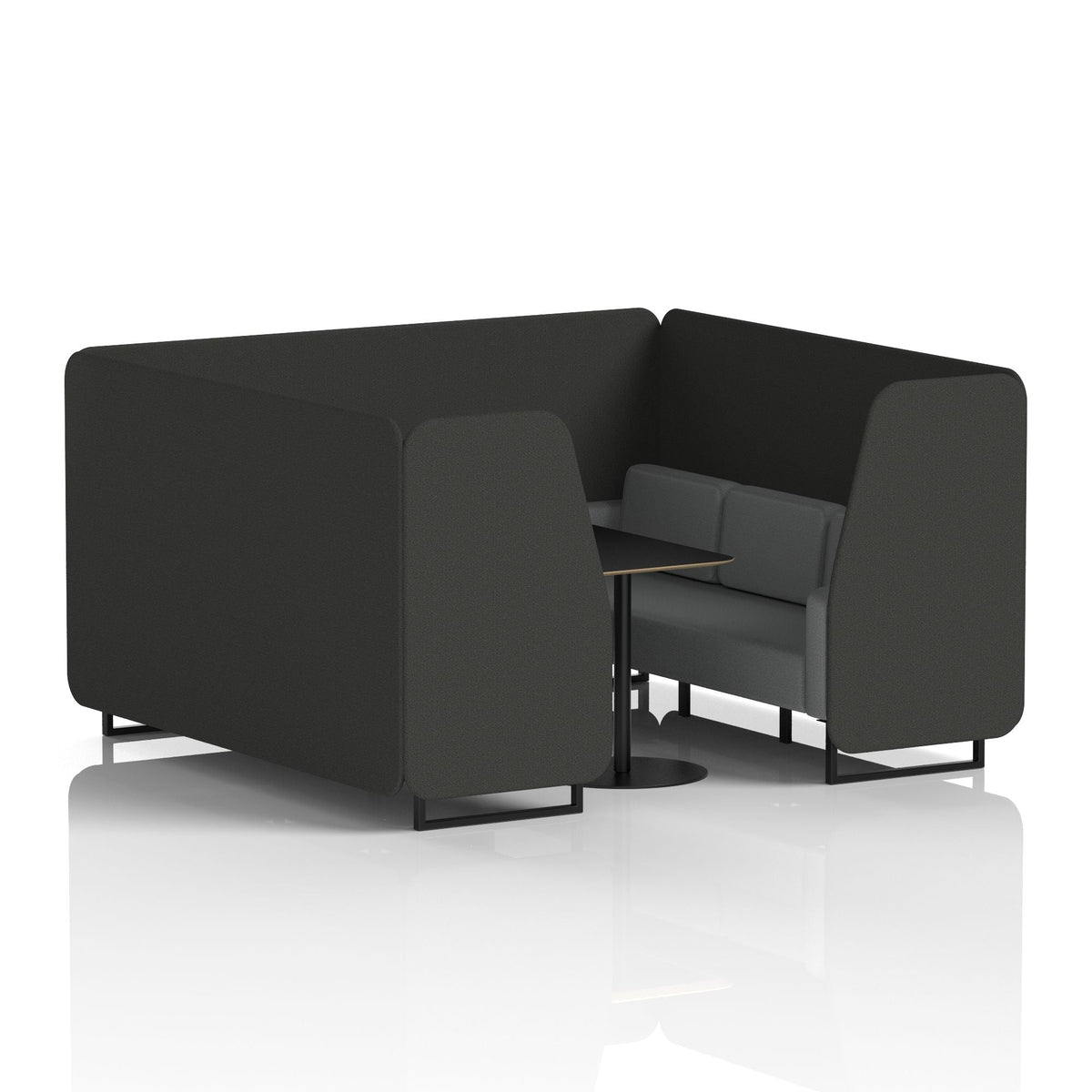 Commercial 6 Seater Privacy Booth with Black Table – Two Tone – Crib 5 Synergy - Mix Panels And Partner Sofa Black - Industrious Decor