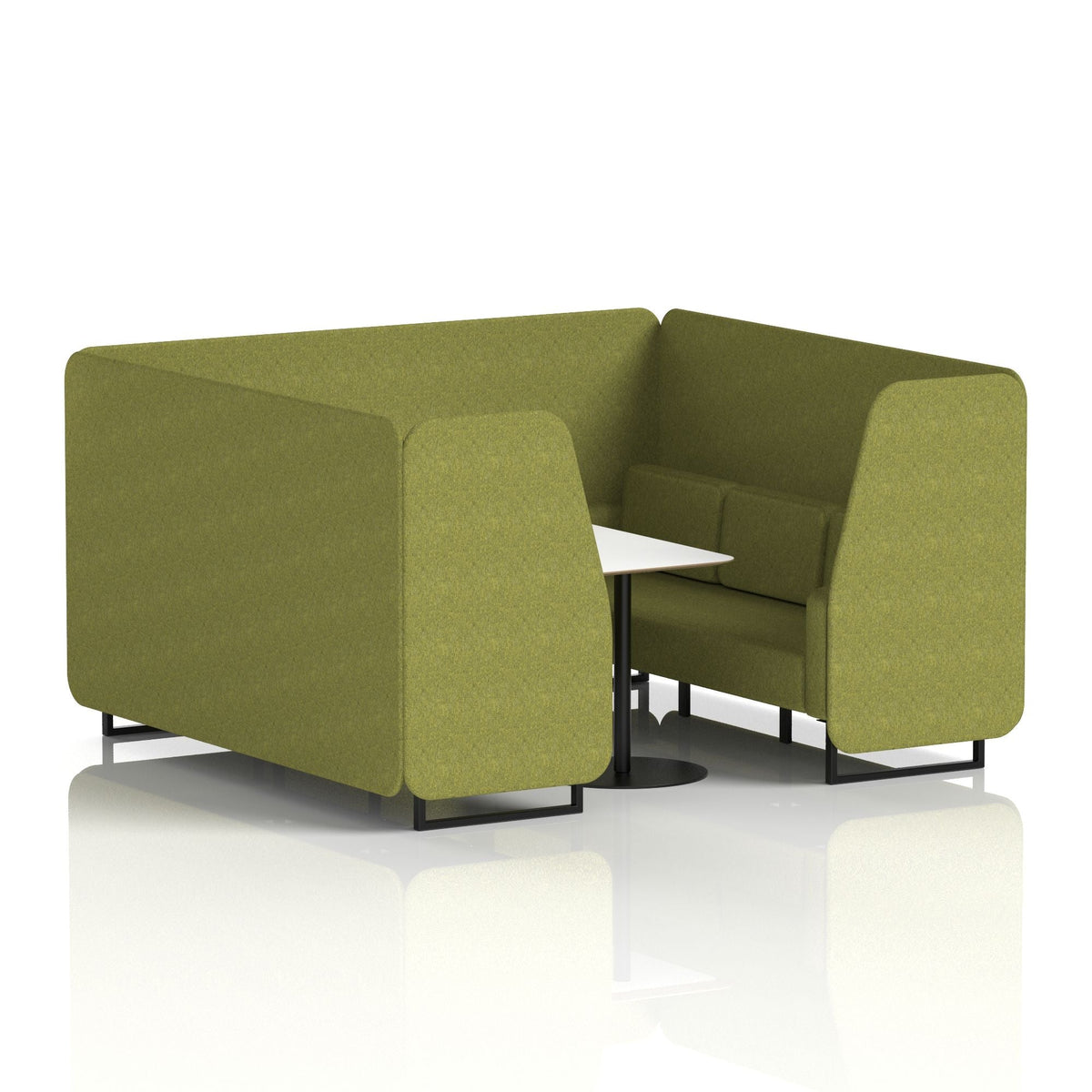 Commercial 6 Seater Privacy Booth with White Table – Single Tone – Crib 5 Rivet - Olive Panels And Sofa Black - Industrious Decor