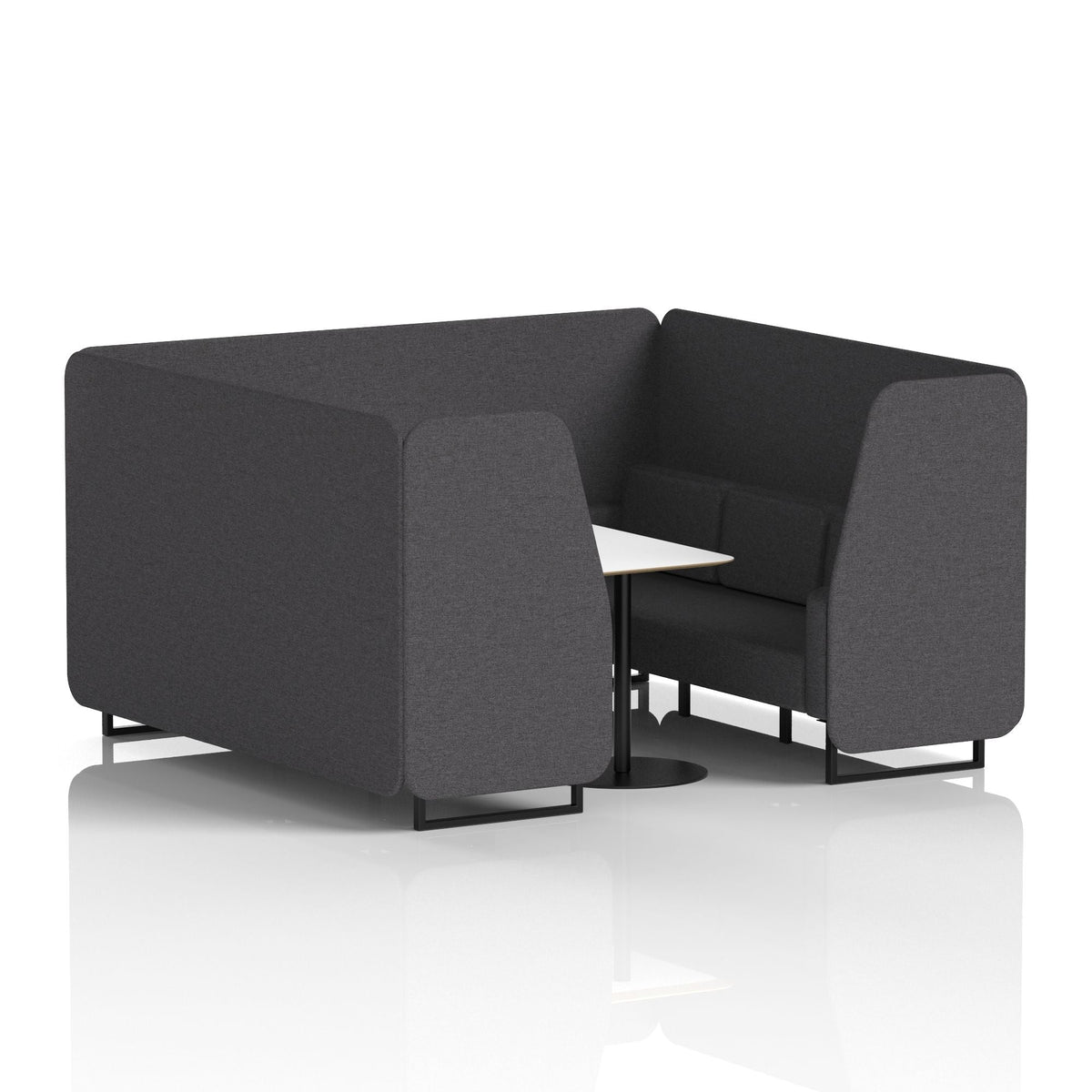Commercial 6 Seater Privacy Booth with White Table – Single Tone – Crib 5 X2 - Arithmetic Panels And Sofa Black - Industrious Decor