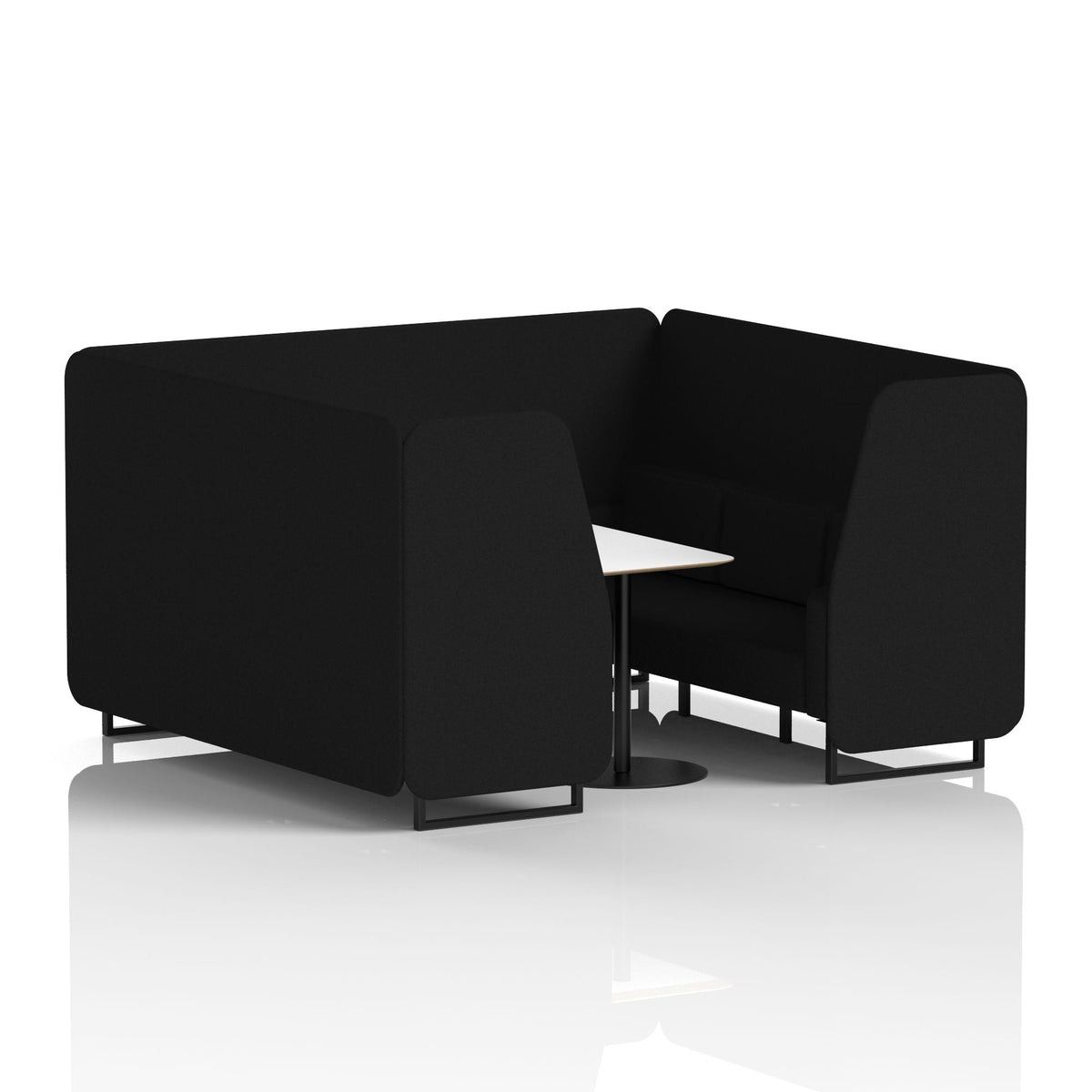 Commercial 6 Seater Privacy Booth with White Table – Single Tone – Crib 5 X2 - Diameter Panels And Sofa Black - Industrious Decor