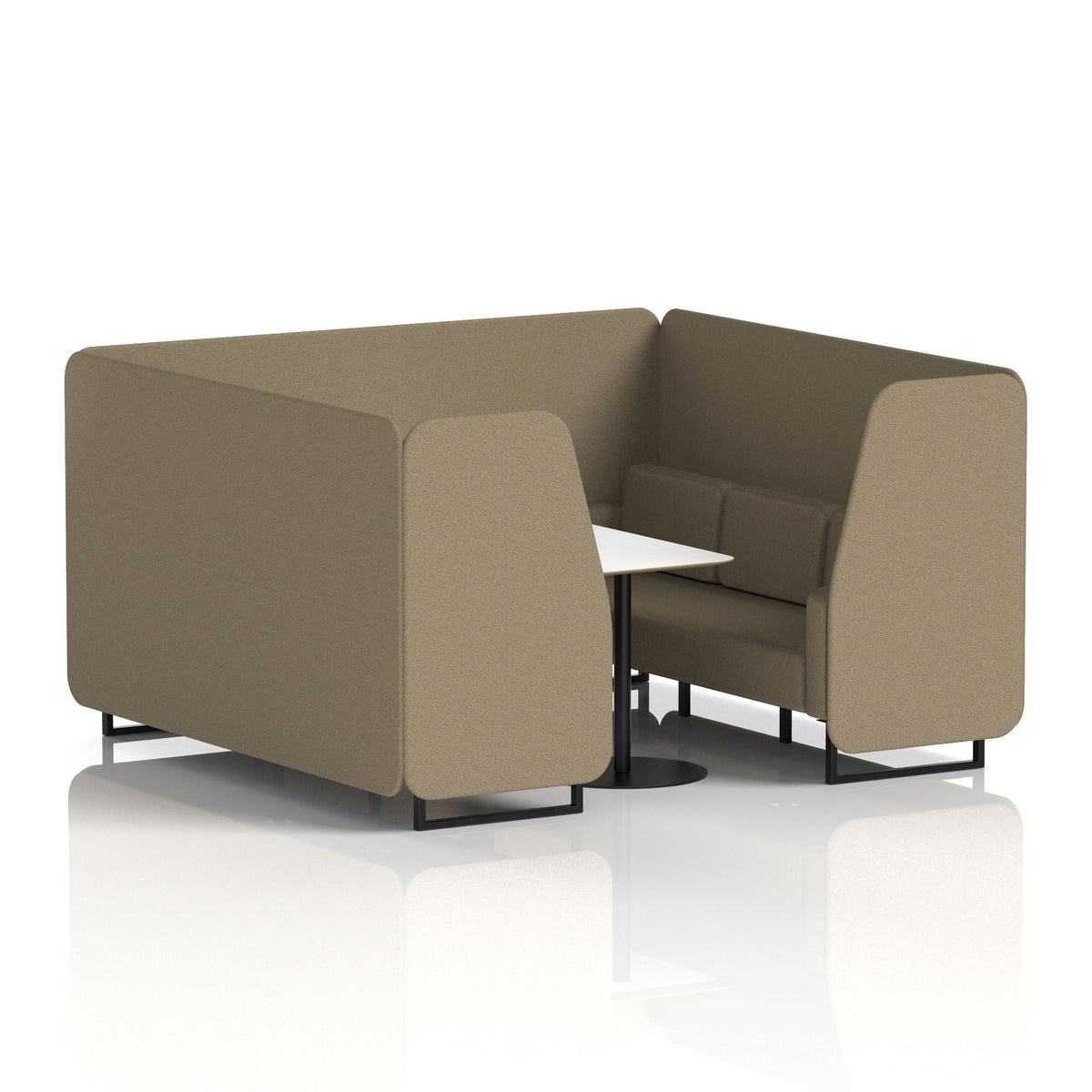 Commercial 6 Seater Privacy Booth with White Table – Single Tone – Crib 5 Main Line Flax - Bank Panels And Sofa Black - Industrious Decor