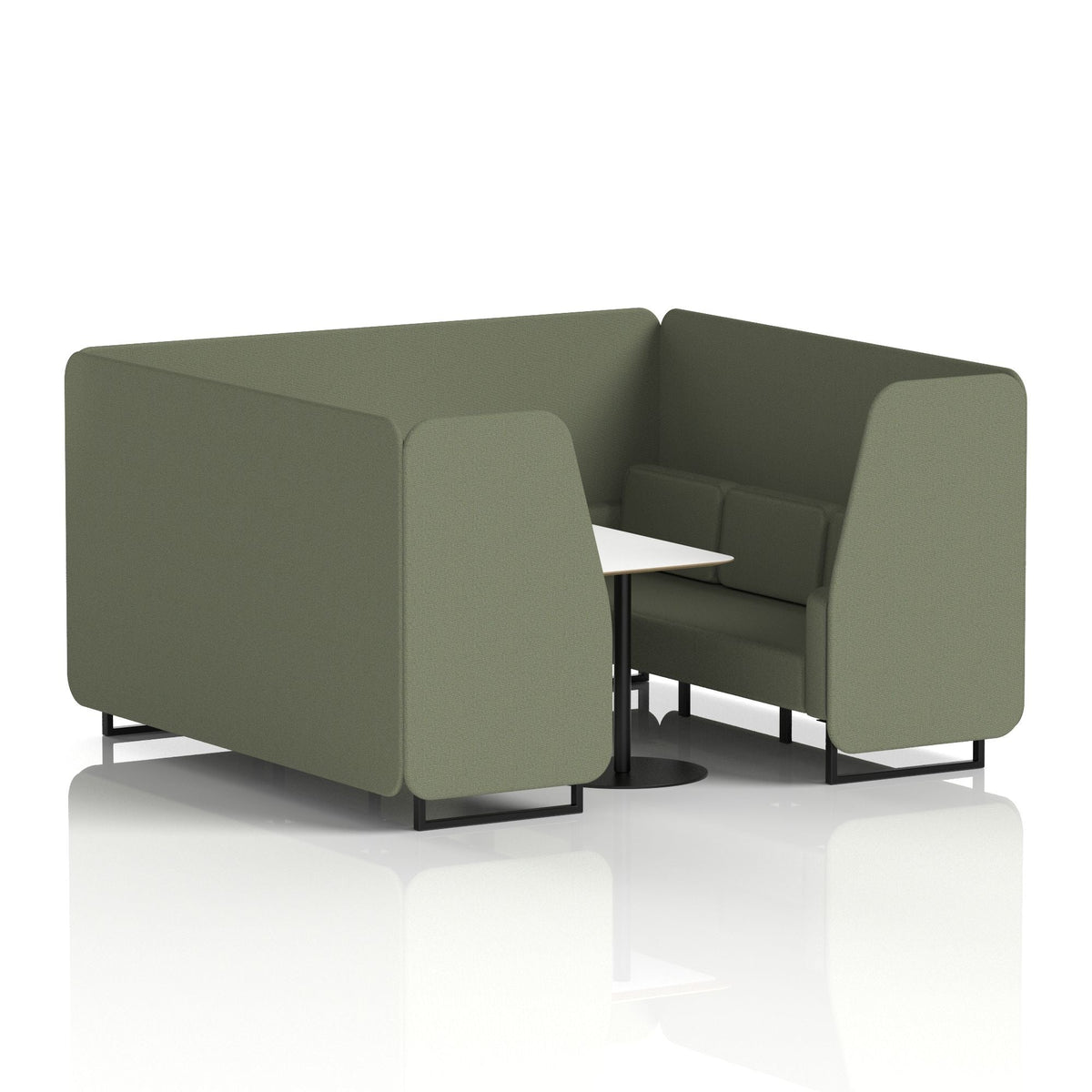 Commercial 6 Seater Privacy Booth with White Table – Single Tone – Crib 5 Main Line Flax - Monument Panels And Sofa Black - Industrious Decor