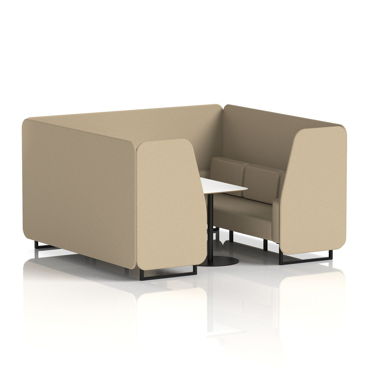 Commercial 6 Seater Privacy Booth with White Table – Single Tone – Crib 5 Main Line Flax - Upminster Panels And Sofa Black - Industrious Decor