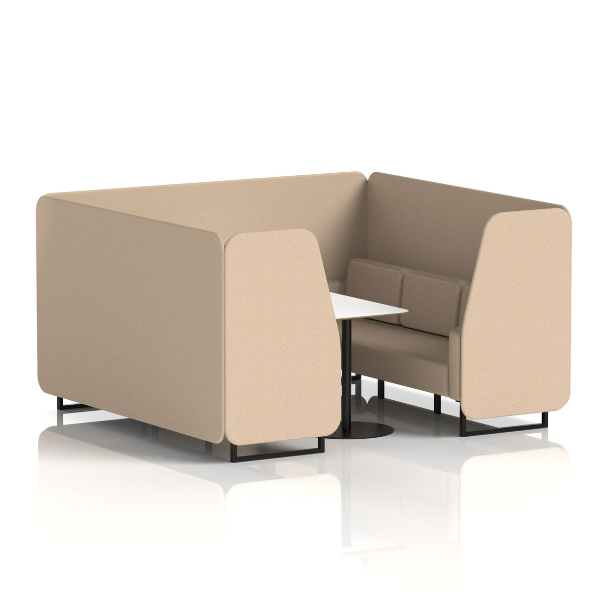 Commercial 6 Seater Privacy Booth with White Table – Single Tone – Crib 5 Synergy - Affix Panels And Sofa Black - Industrious Decor