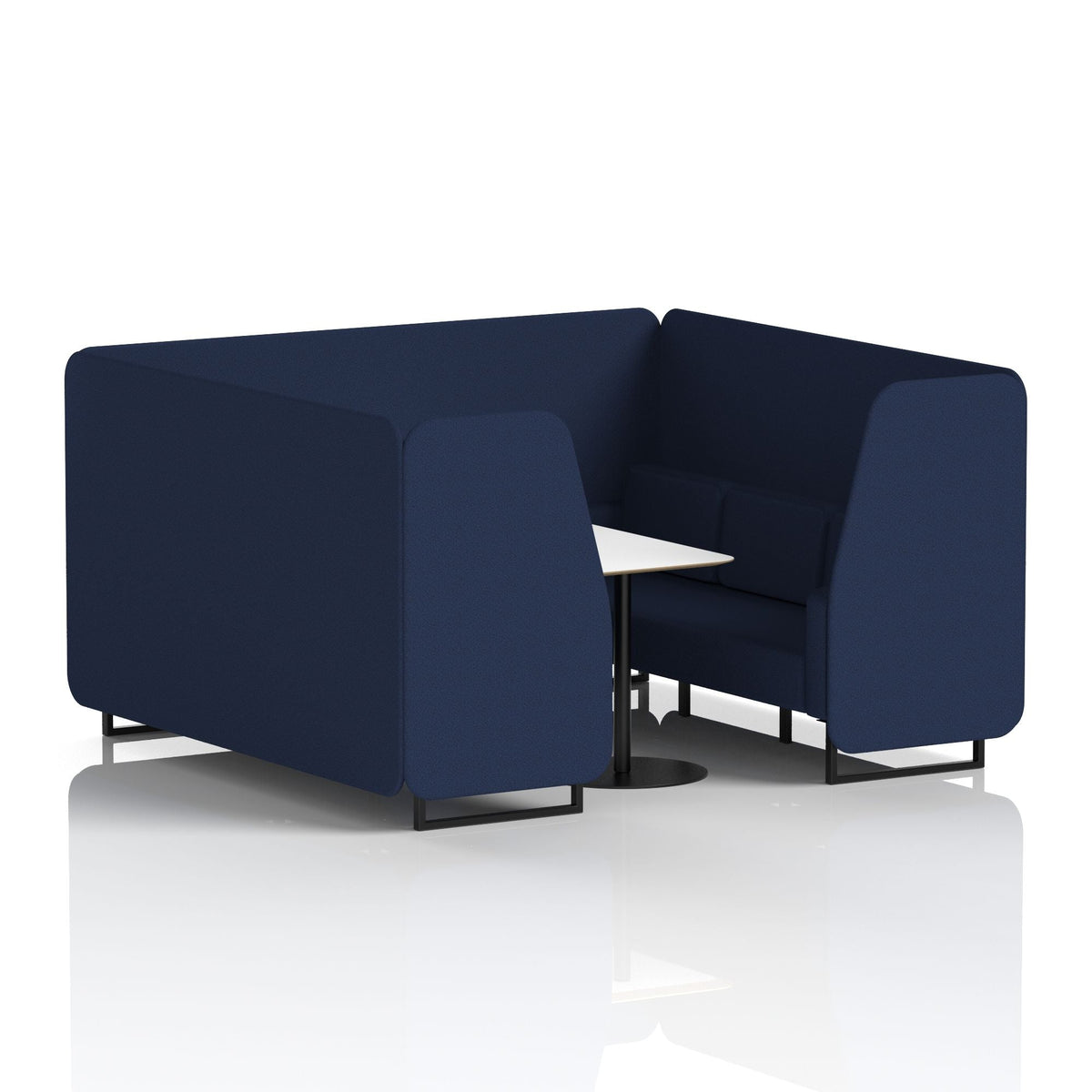 Commercial 6 Seater Privacy Booth with White Table – Single Tone – Crib 5 Synergy - Alike Panels And Sofa Black - Industrious Decor