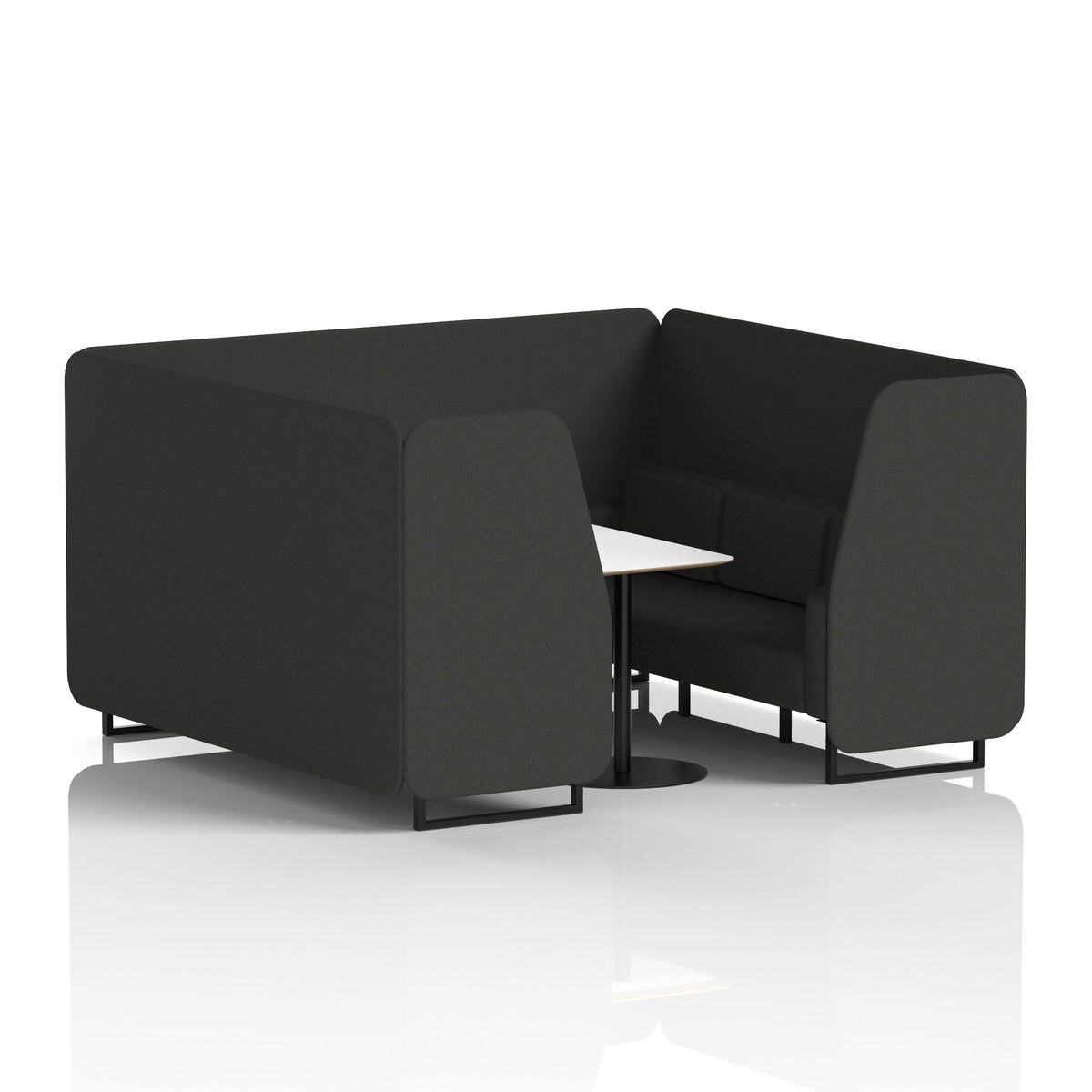 Commercial 6 Seater Privacy Booth with White Table – Single Tone – Crib 5 Synergy - Mix Panels And Sofa Black - Industrious Decor