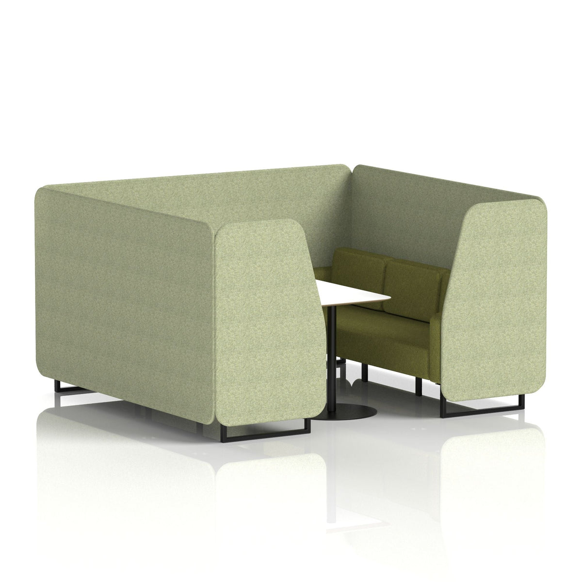 Commercial 6 Seater Privacy Booth with White Table – Two Tone – Crib 5 Rivet - Burnish Panels And Olive Sofa Black - Industrious Decor