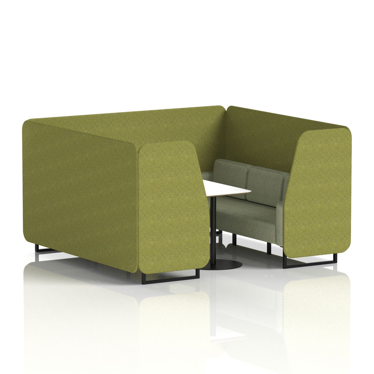 Commercial 6 Seater Privacy Booth with White Table – Two Tone – Crib 5 Rivet - Olive Panels And Burnish Sofa Black - Industrious Decor