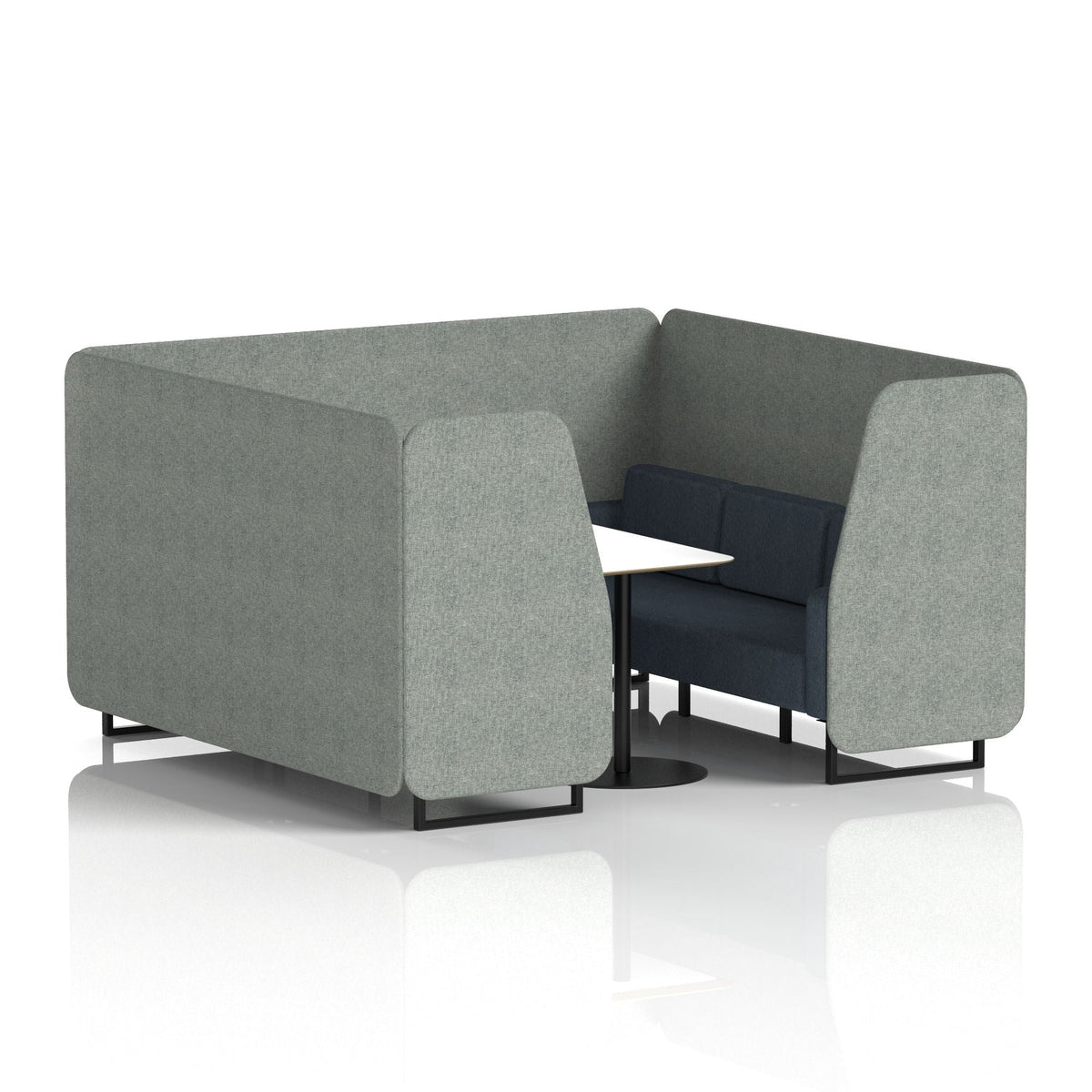 Commercial 6 Seater Privacy Booth with White Table – Two Tone – Crib 5 Rivet - Prime Panels And Crucible Sofa Black - Industrious Decor