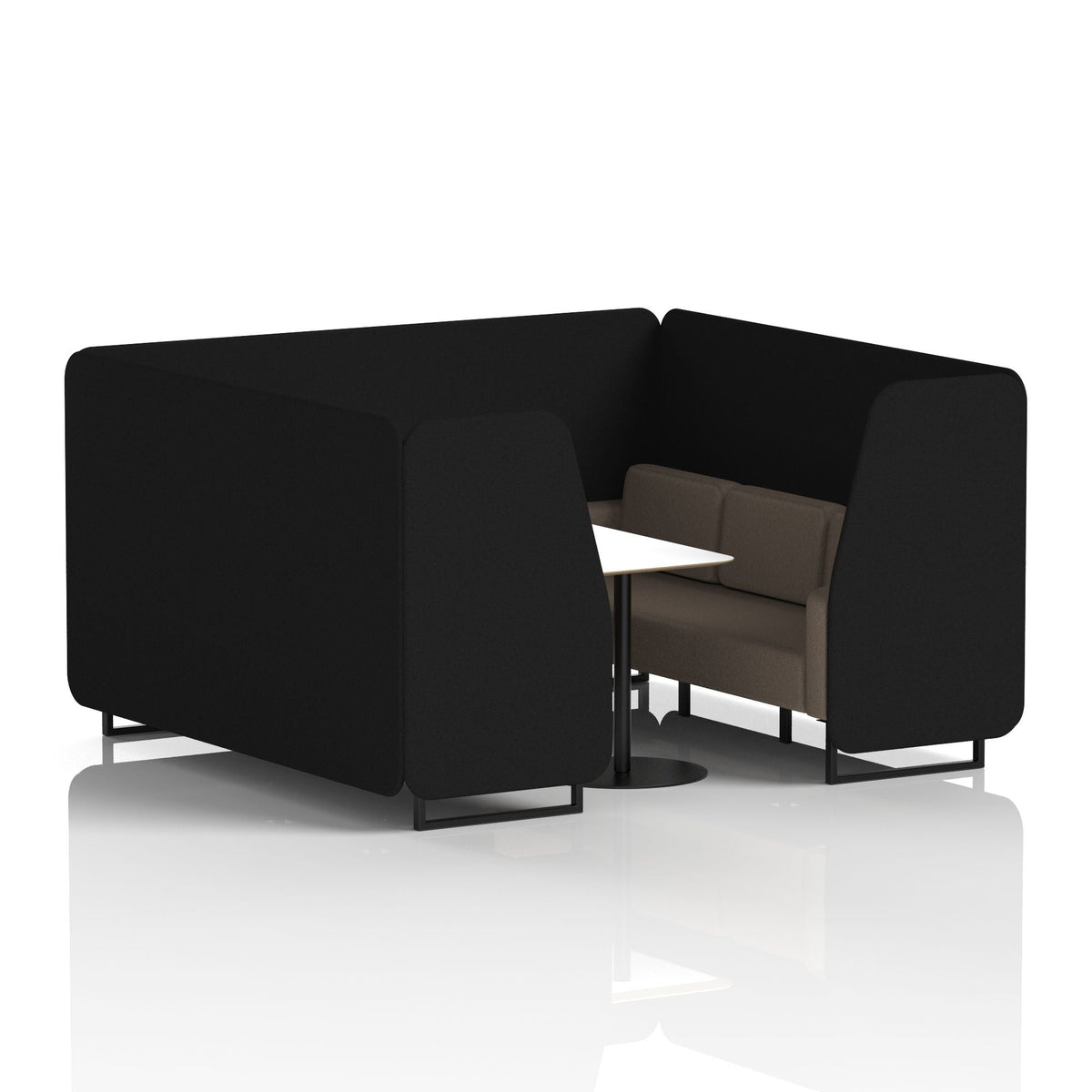 Commercial 6 Seater Privacy Booth with White Table – Two Tone – Crib 5 X2 - Diameter Panels And Theory Sofa Black - Industrious Decor