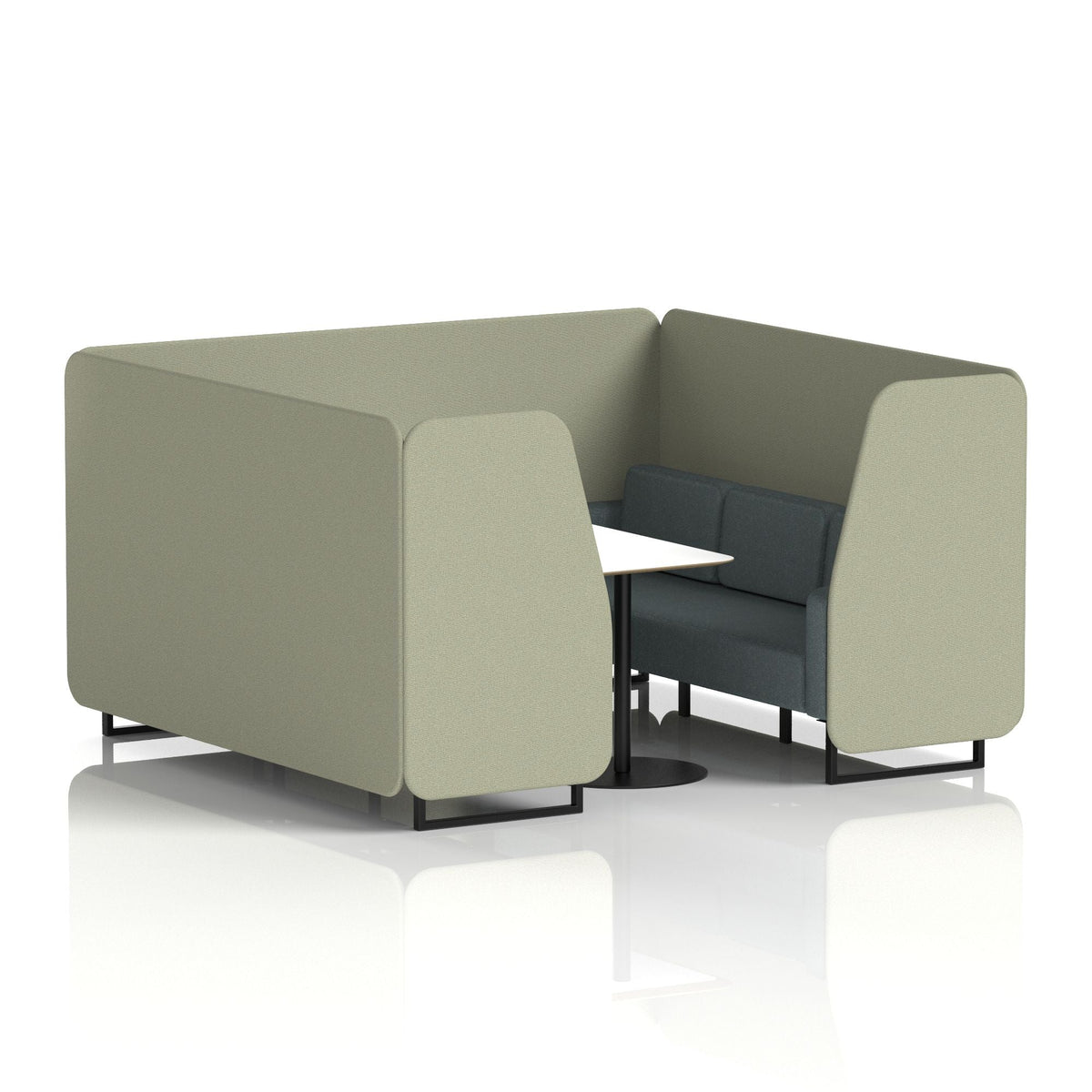 Commercial 6 Seater Privacy Booth with White Table – Two Tone – Crib 5 Main Line Flax - Newbury Panels And Westminster Sofa Black - Industrious Decor