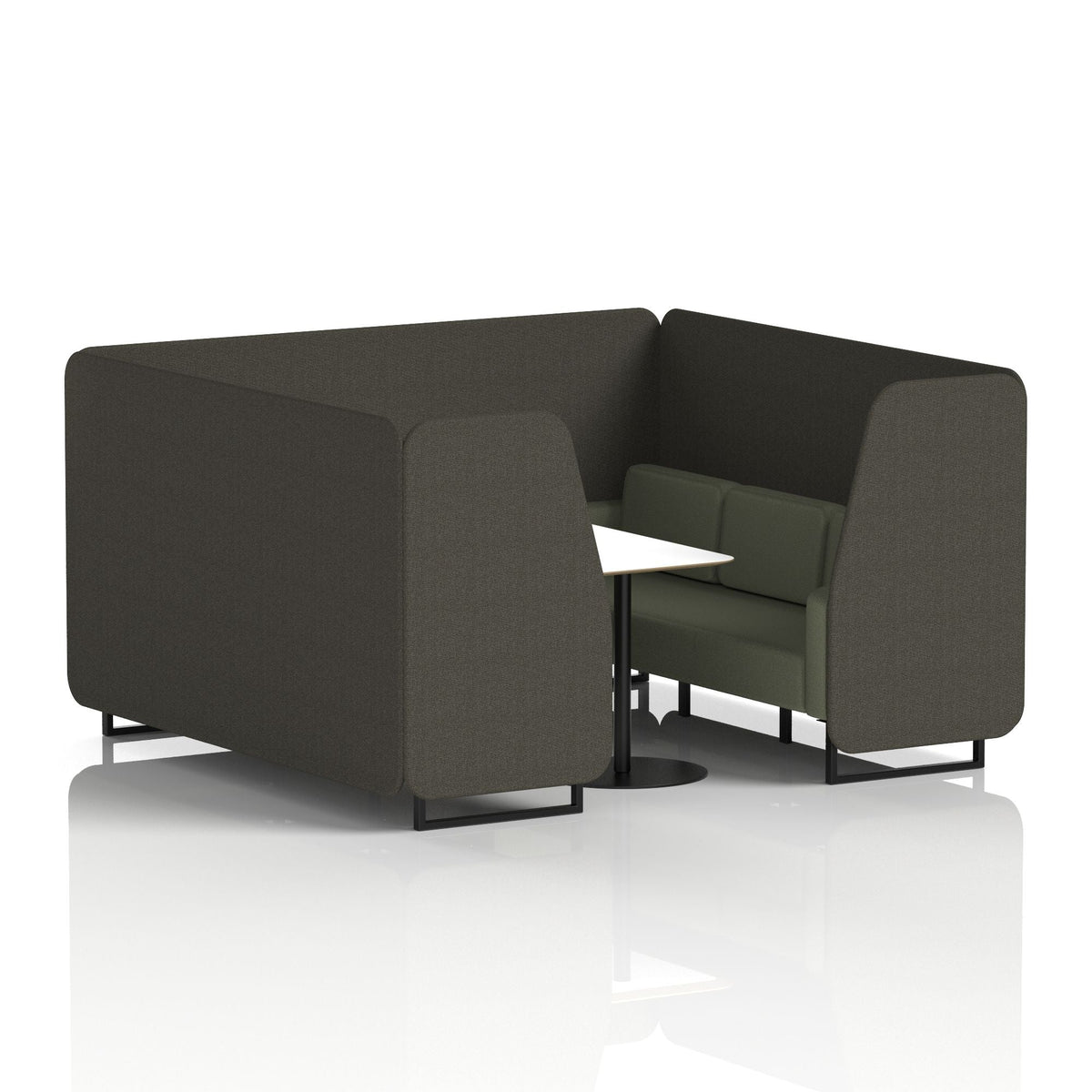 Commercial 6 Seater Privacy Booth with White Table – Two Tone – Crib 5 Main Line Flax - Temple Panels And Monument Sofa Black - Industrious Decor