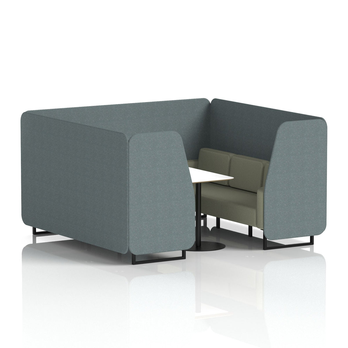 Commercial 6 Seater Privacy Booth with White Table – Two Tone – Crib 5 Main Line Flax - Westminster Panels And Newbury Sofa Black - Industrious Decor