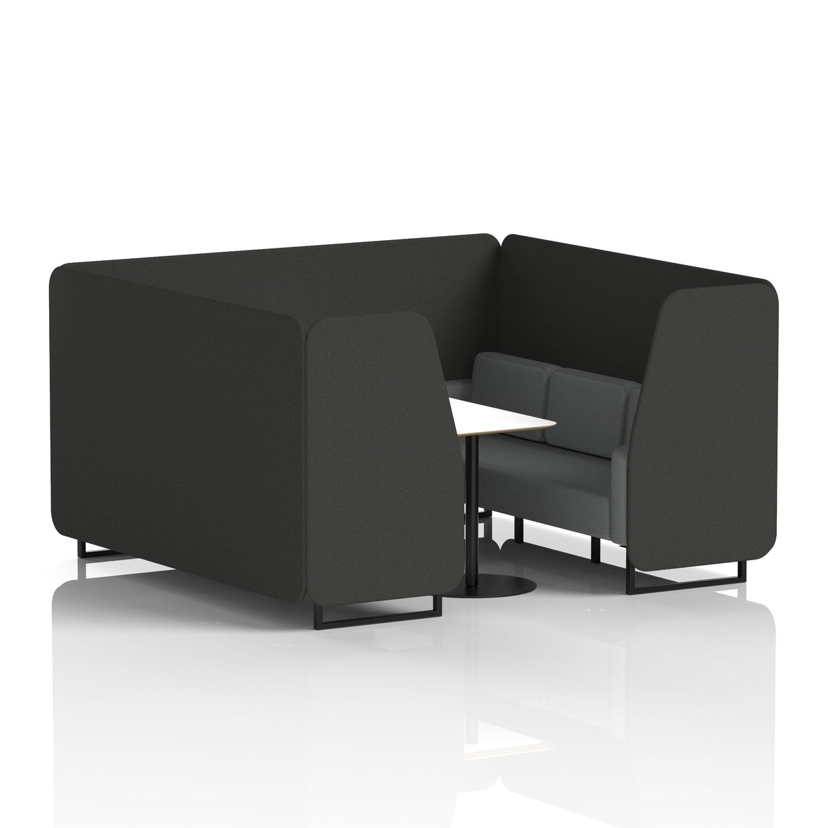 Commercial 6 Seater Privacy Booth with White Table – Two Tone – Crib 5 Synergy - Mix Panels And Partner Sofa Black - Industrious Decor